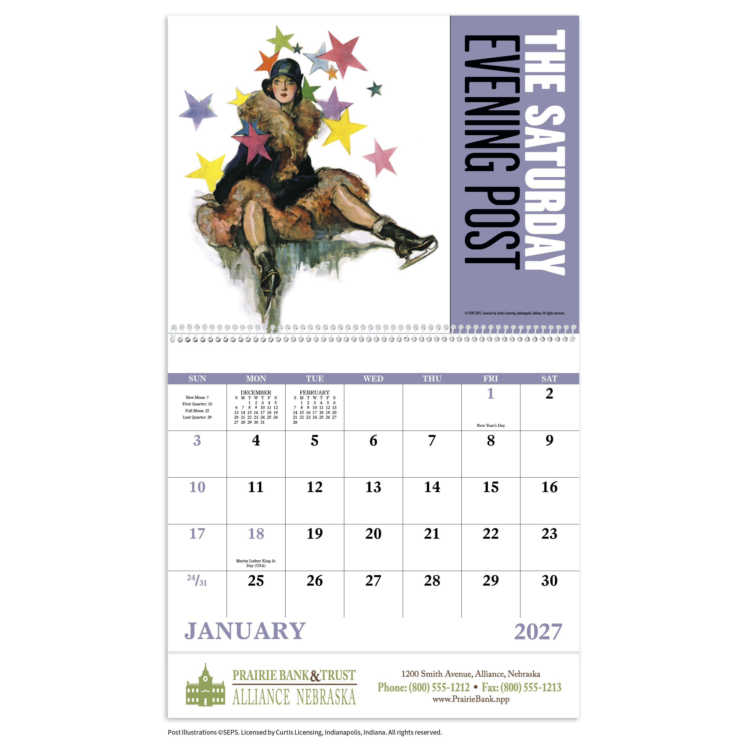 Good Value™ nostalgic wall calendar featuring vintage-style Saturday Evening Post illustrations with a UV-coated cover and spiral binding printed on FSC®-certified gloss paper.