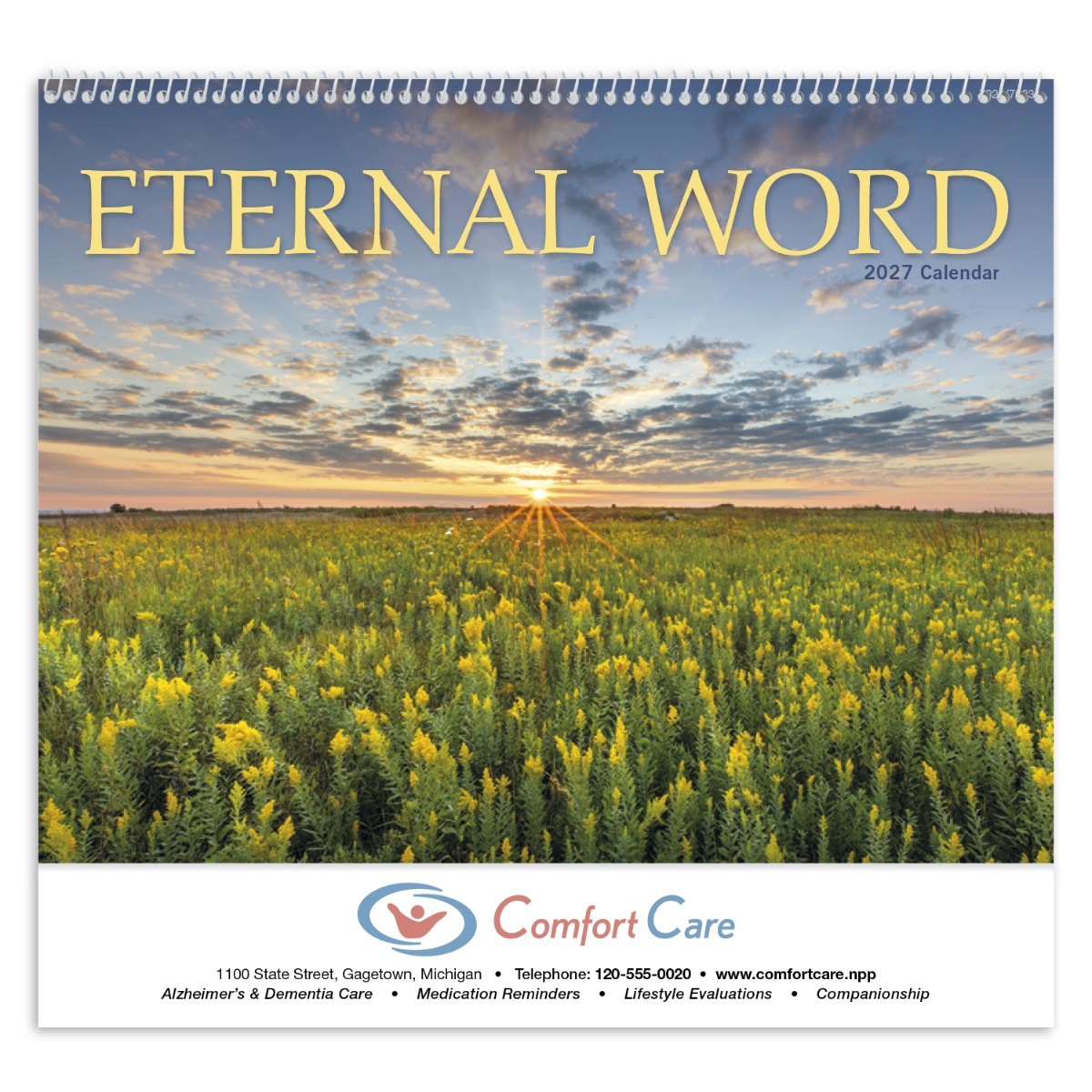 Religious wall calendar featuring inspirational Bible verses and uplifting scenic imagery.