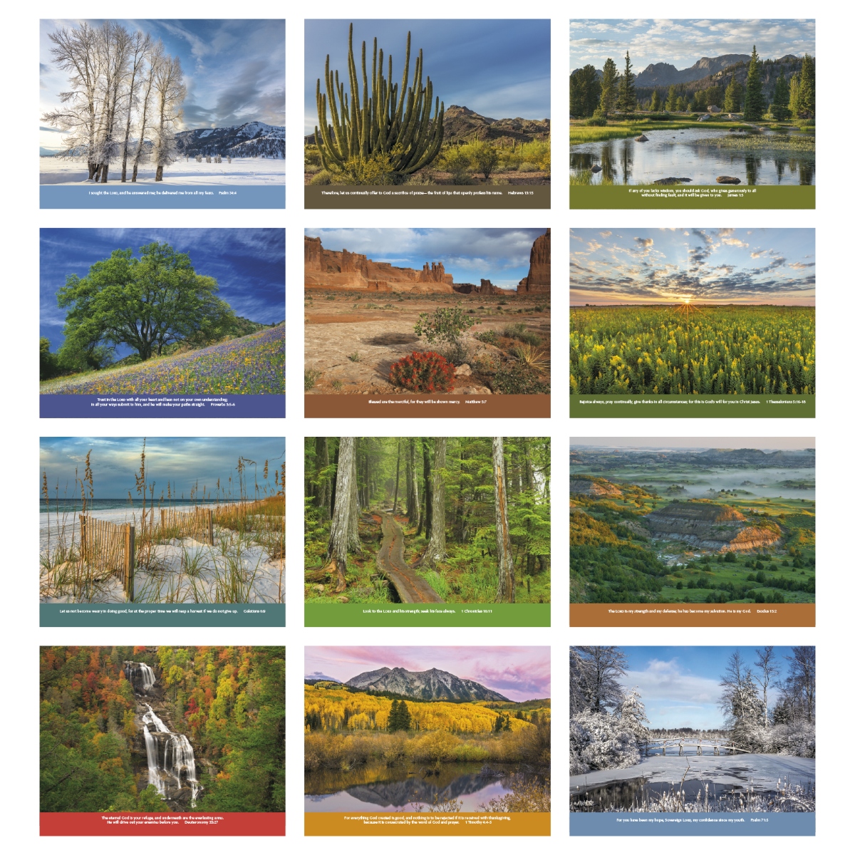 Religious wall calendar featuring inspirational Bible verses and uplifting scenic imagery.