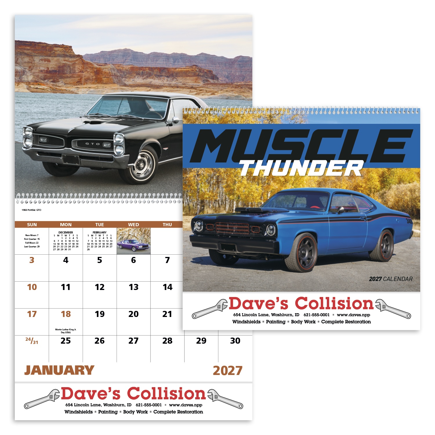 Spiral-bound wall calendar featuring colorful illustrations of classic muscle cars with a glossy cover printed on FSC®-certified paper.