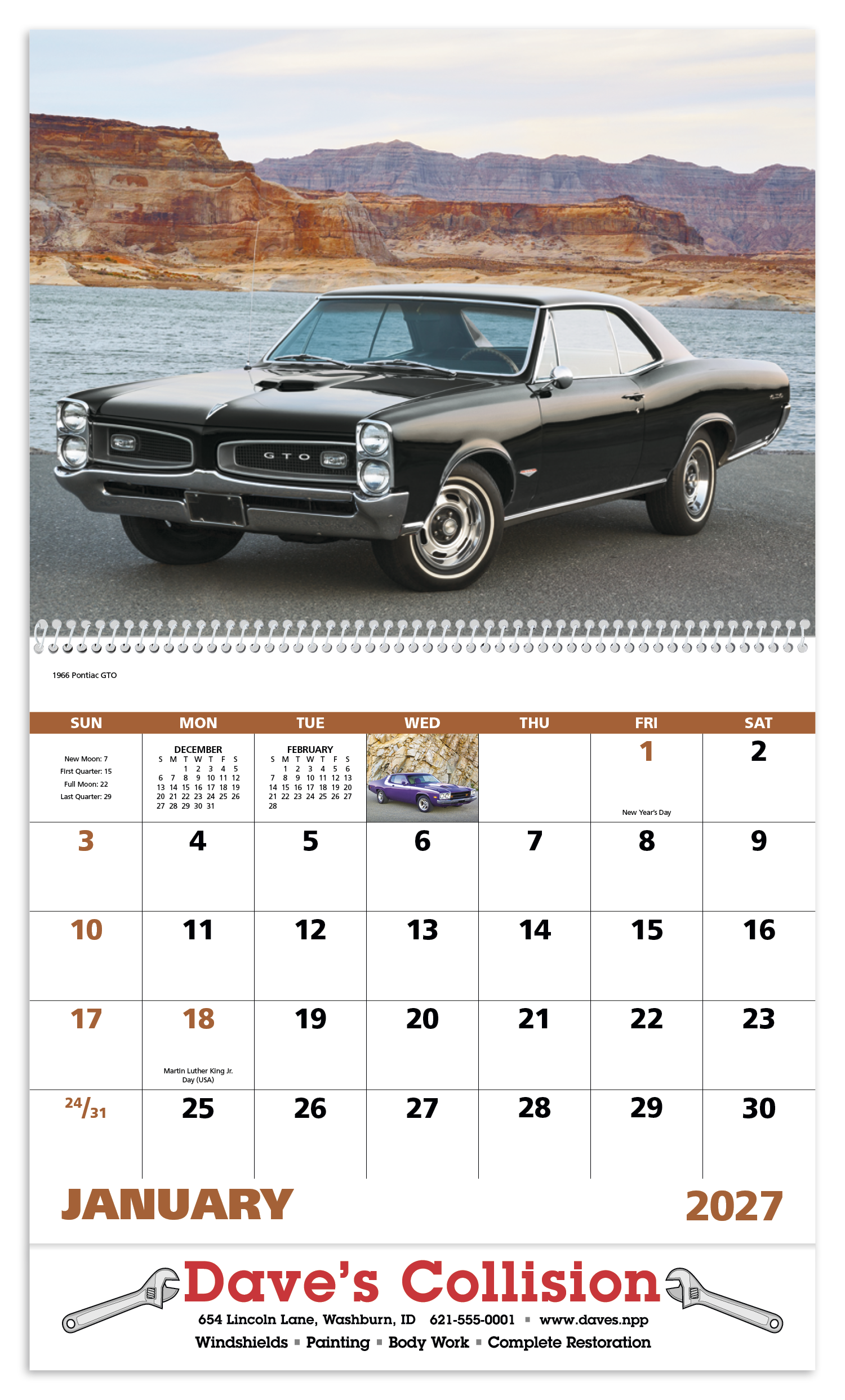 Spiral-bound wall calendar featuring colorful illustrations of classic muscle cars with a glossy cover printed on FSC®-certified paper.