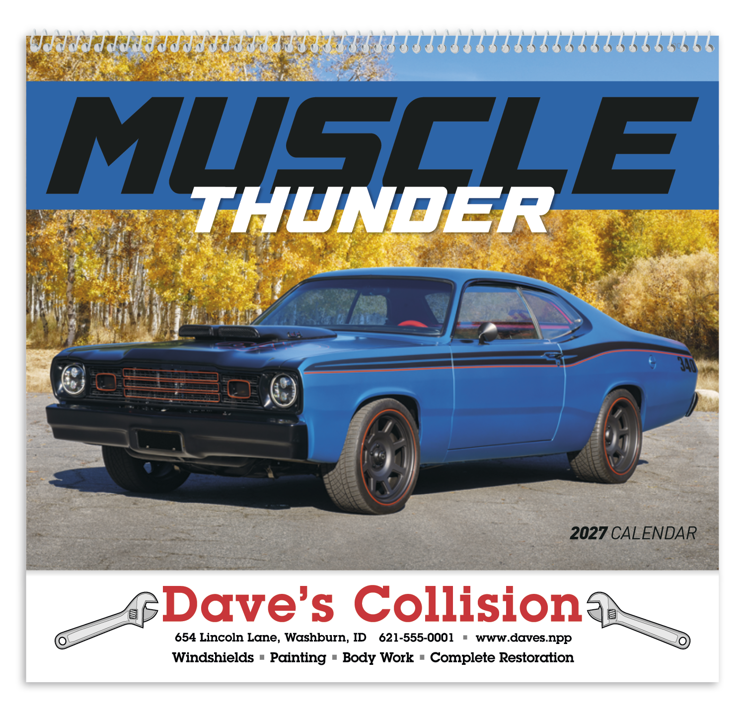 Spiral-bound wall calendar featuring colorful illustrations of classic muscle cars with a glossy cover printed on FSC®-certified paper.