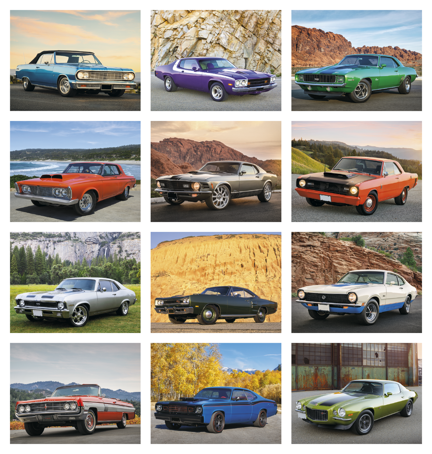 Spiral-bound wall calendar featuring colorful illustrations of classic muscle cars with a glossy cover printed on FSC®-certified paper.