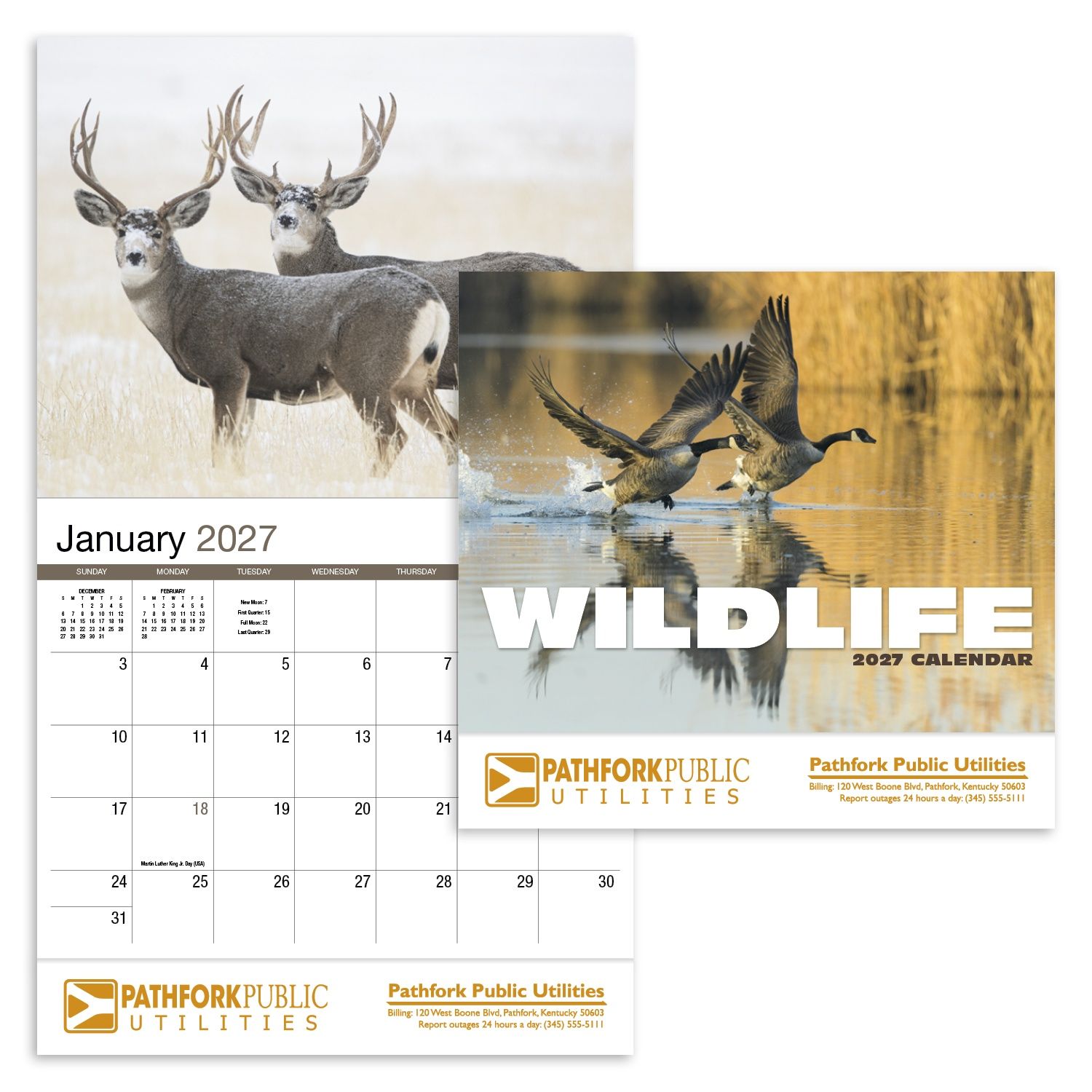 Stapled wildlife appointment calendar featuring close-up photographs of North American wild animals with a glossy UV-coated cover printed on FSC® and SFI® certified paper.