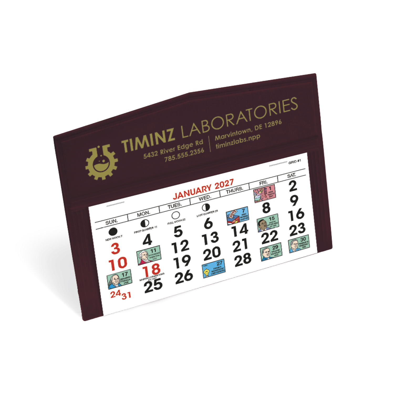 Maroon Legacy Desk Calendar featuring a compact easel-style desk calendar with monthly tear-off pages, a sturdy folded paper stand, hot-stamped gold imprint area, and spacious date grids, designed for desktops, offices, reception areas, and year-round scheduling.