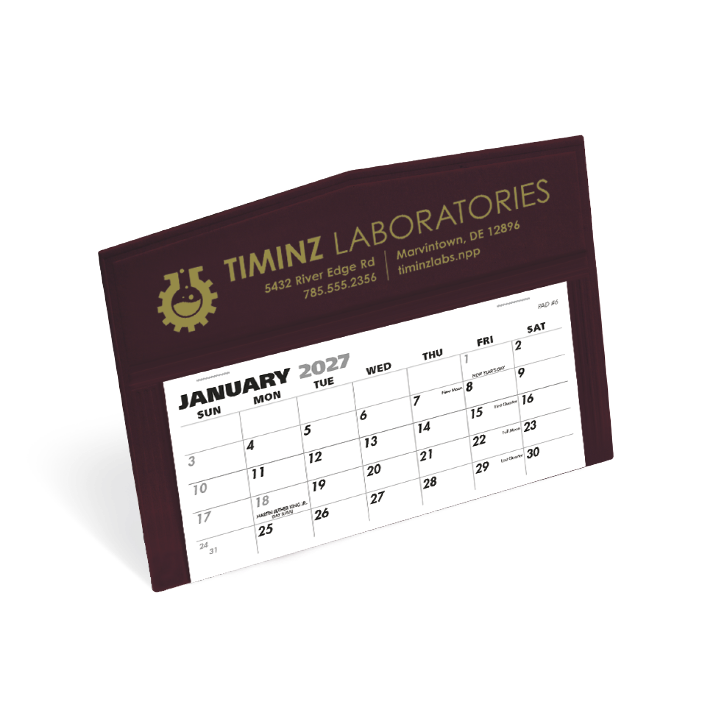 Maroon Legacy Desk Calendar featuring a compact easel-style desk calendar with monthly tear-off pages, a sturdy folded paper stand, hot-stamped gold imprint area, and spacious date grids, designed for desktops, offices, reception areas, and year-round scheduling.