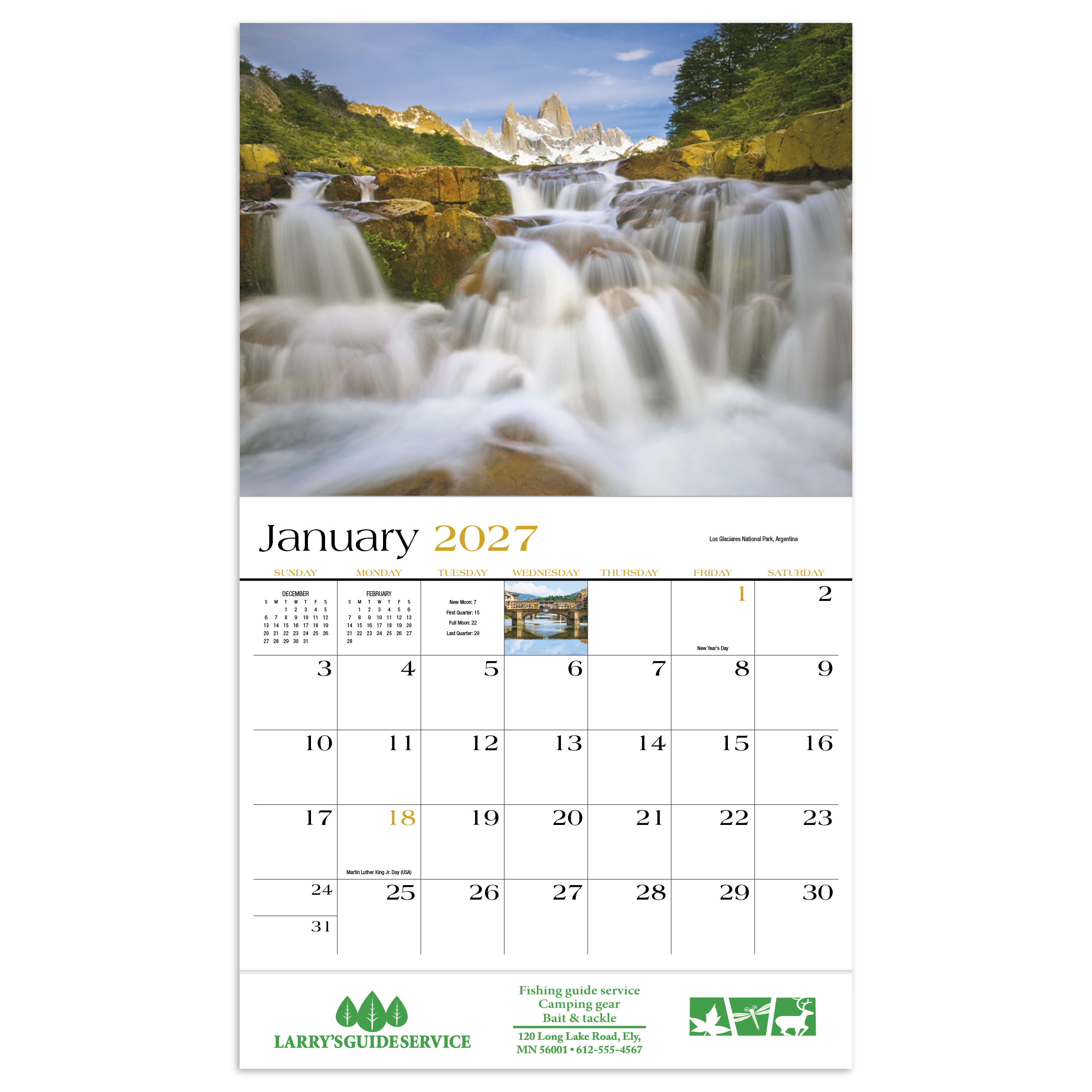 Stapled travel-themed appointment calendar featuring vibrant photographs of famous destinations around the world with a glossy UV-coated cover printed on FSC® and SFI® certified paper.