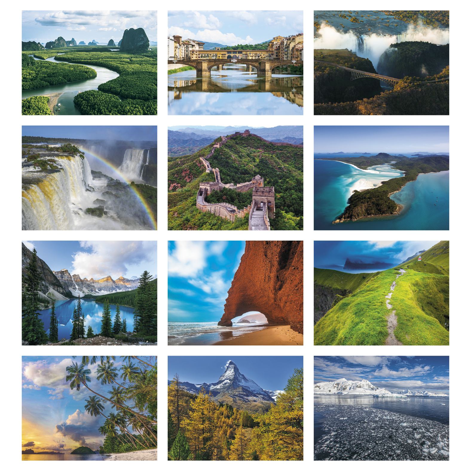 Stapled travel-themed appointment calendar featuring vibrant photographs of famous destinations around the world with a glossy UV-coated cover printed on FSC® and SFI® certified paper.