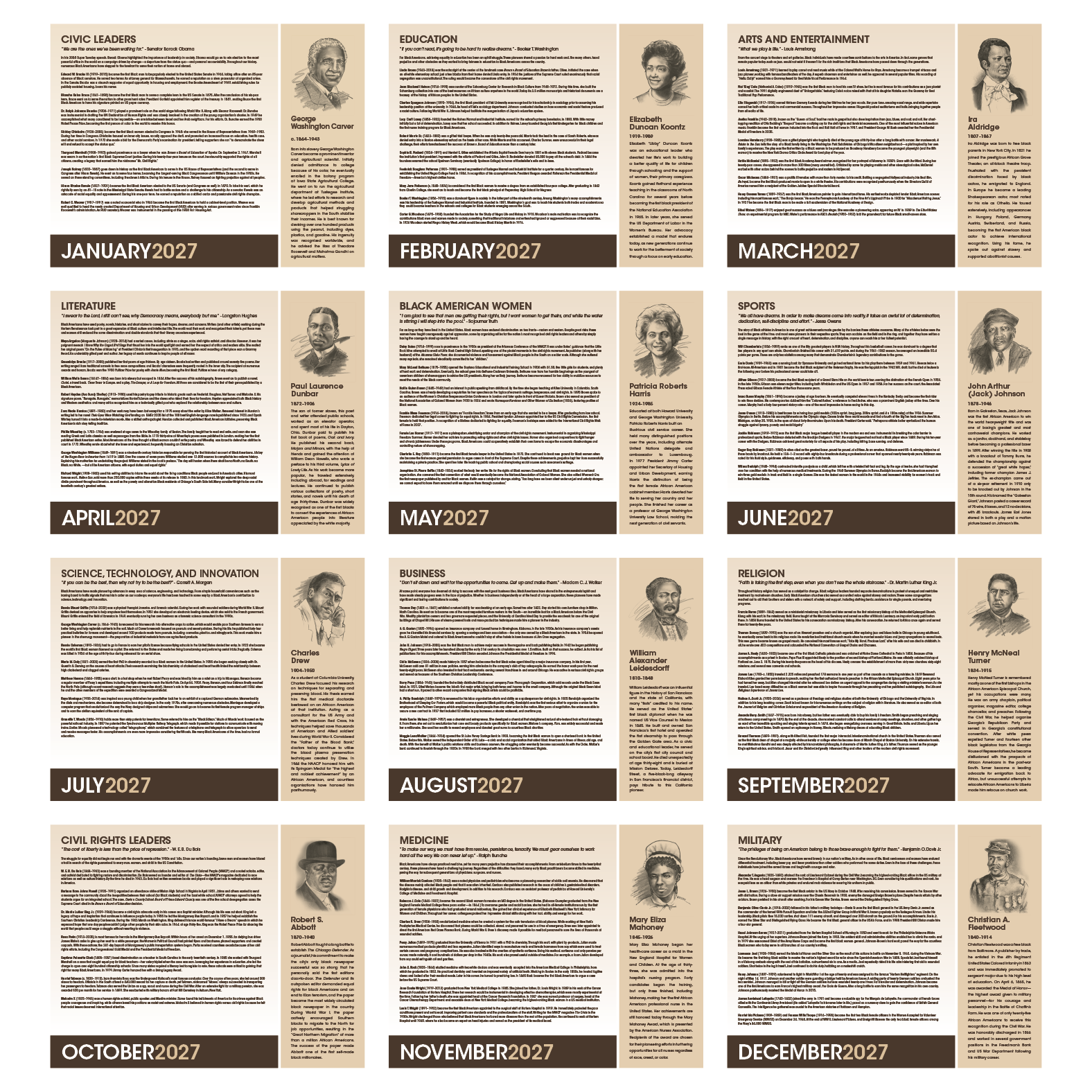 Educational family wall calendar featuring Black history events, monthly biographies of influential African Americans, and a glossy FSC®-certified paper cover.