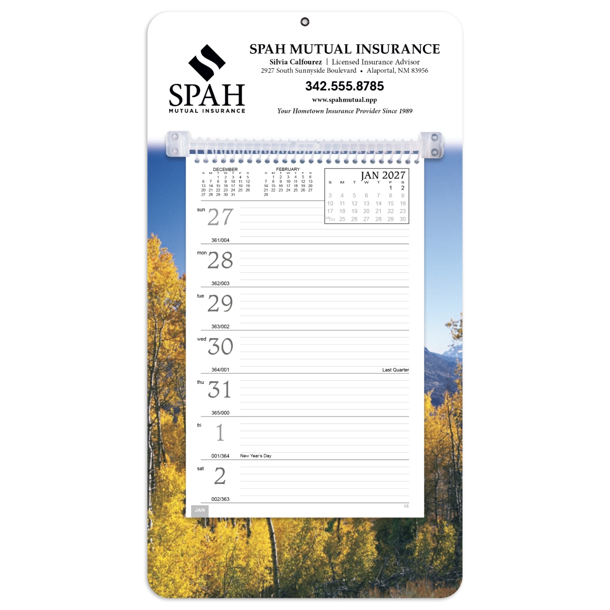 Durable weekly wall calendar with spiral-bound pages, colorful mount board, and Julian date grid.