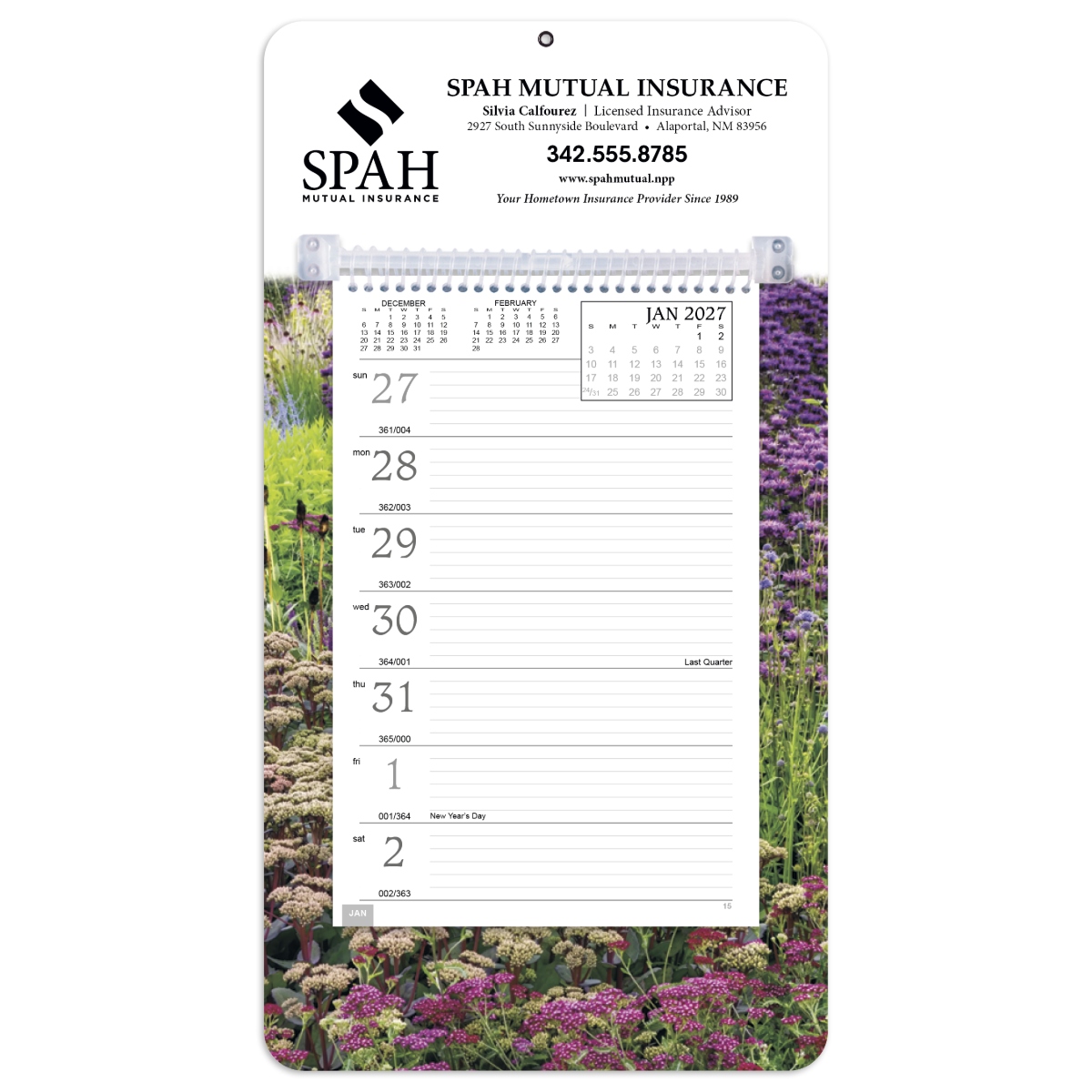 Durable weekly wall calendar with spiral-bound pages, colorful mount board, and Julian date grid.