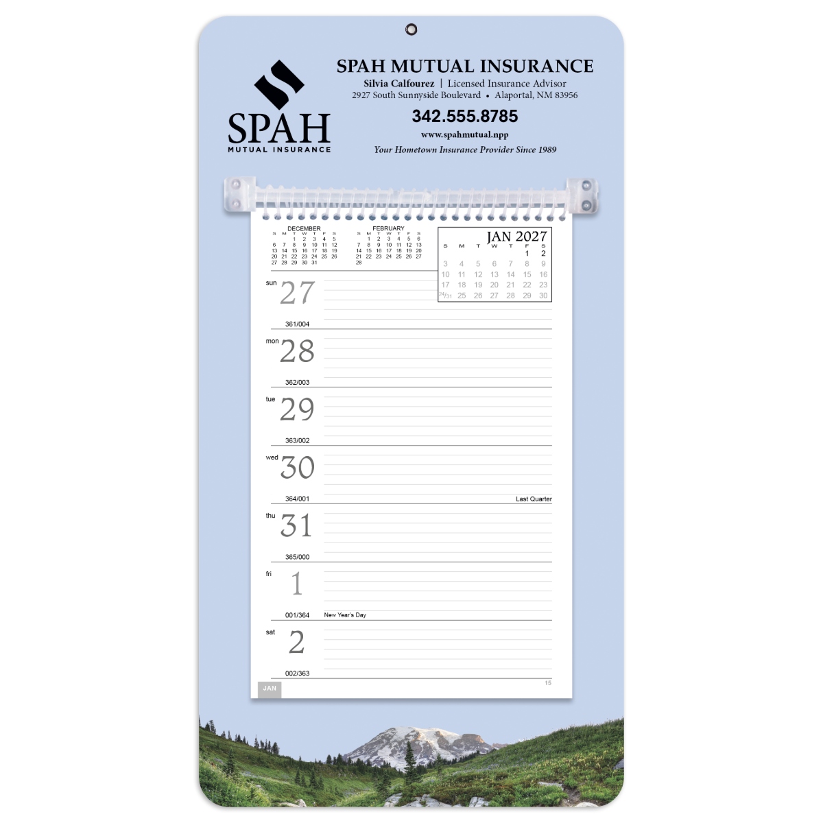 Durable weekly wall calendar with spiral-bound pages, colorful mount board, and Julian date grid.