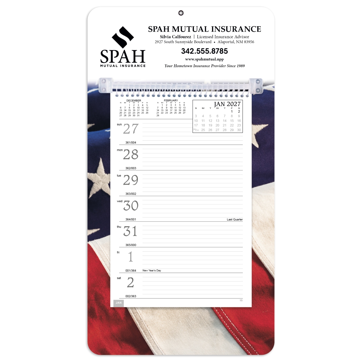 Durable weekly wall calendar with spiral-bound pages, colorful mount board, and Julian date grid.