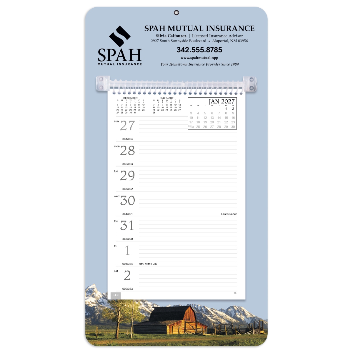 Durable weekly wall calendar with spiral-bound pages, colorful mount board, and Julian date grid.