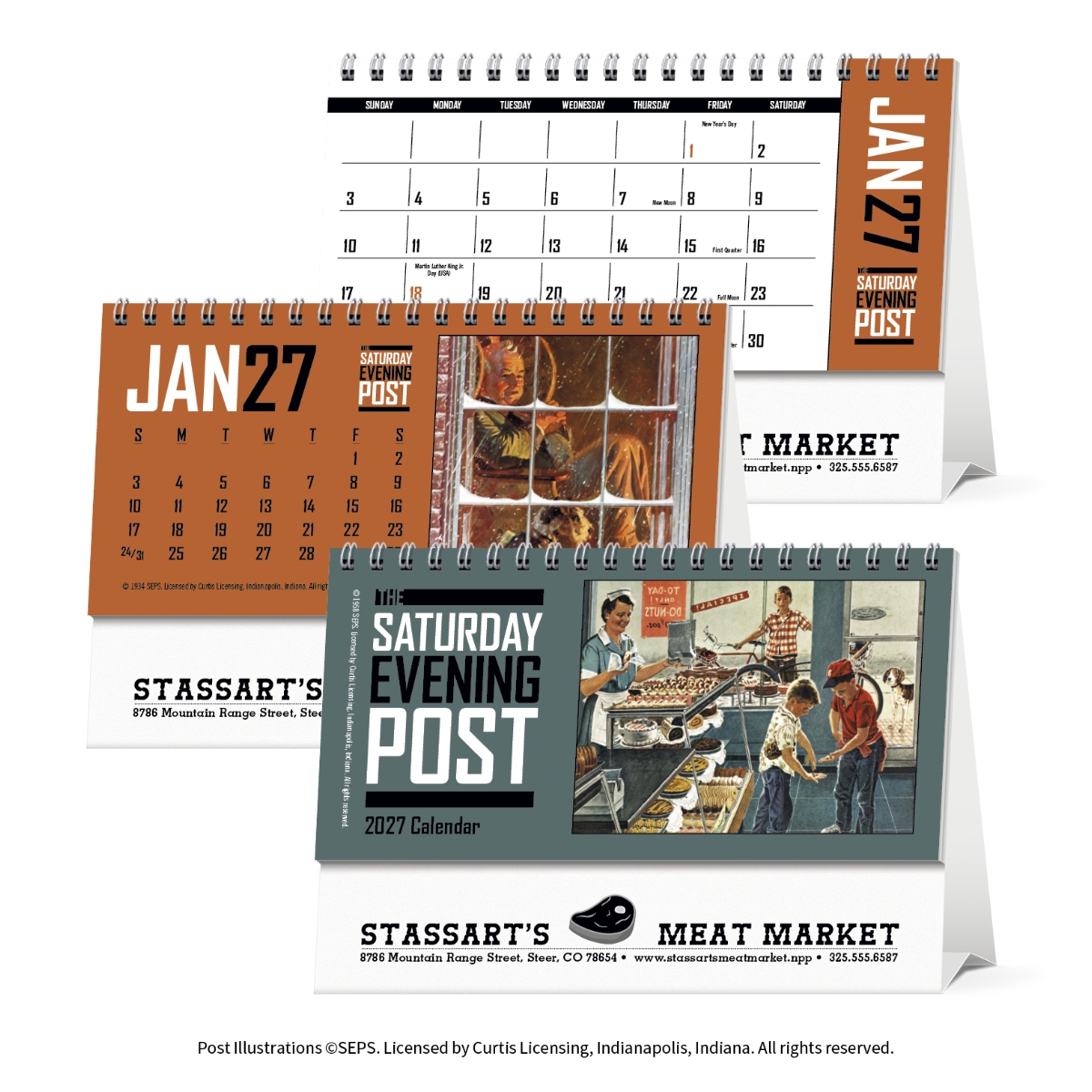 Classic Saturday Evening Post desk calendar featuring historic artwork and a double-sided tent mount design.