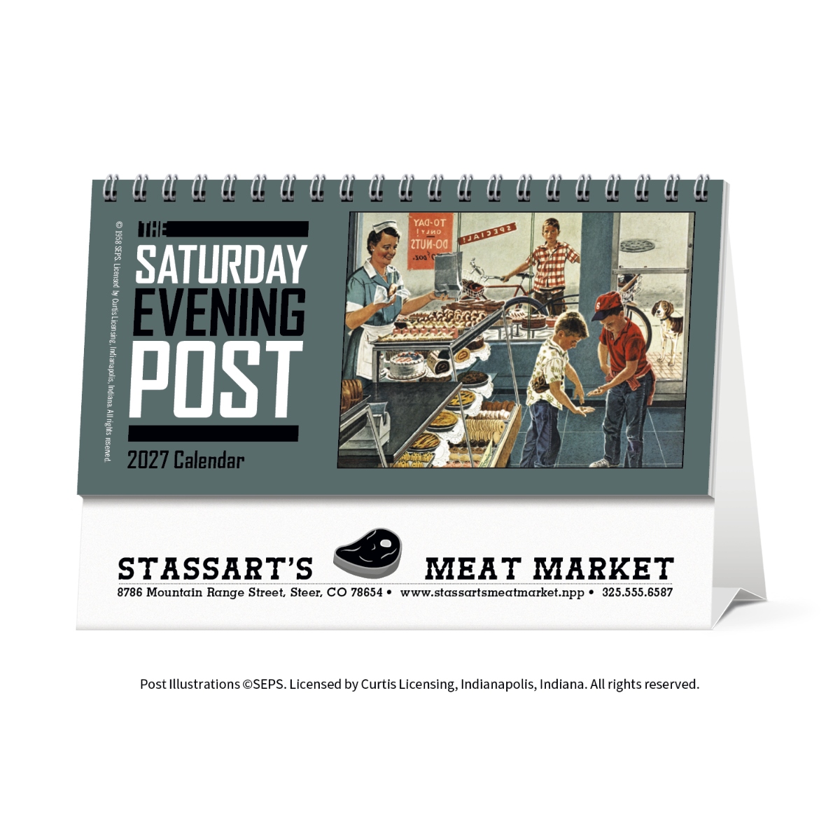 Classic Saturday Evening Post desk calendar featuring historic artwork and a double-sided tent mount design.