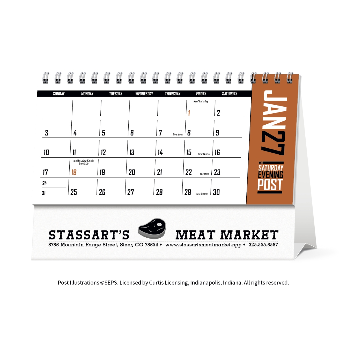 Classic Saturday Evening Post desk calendar featuring historic artwork and a double-sided tent mount design.