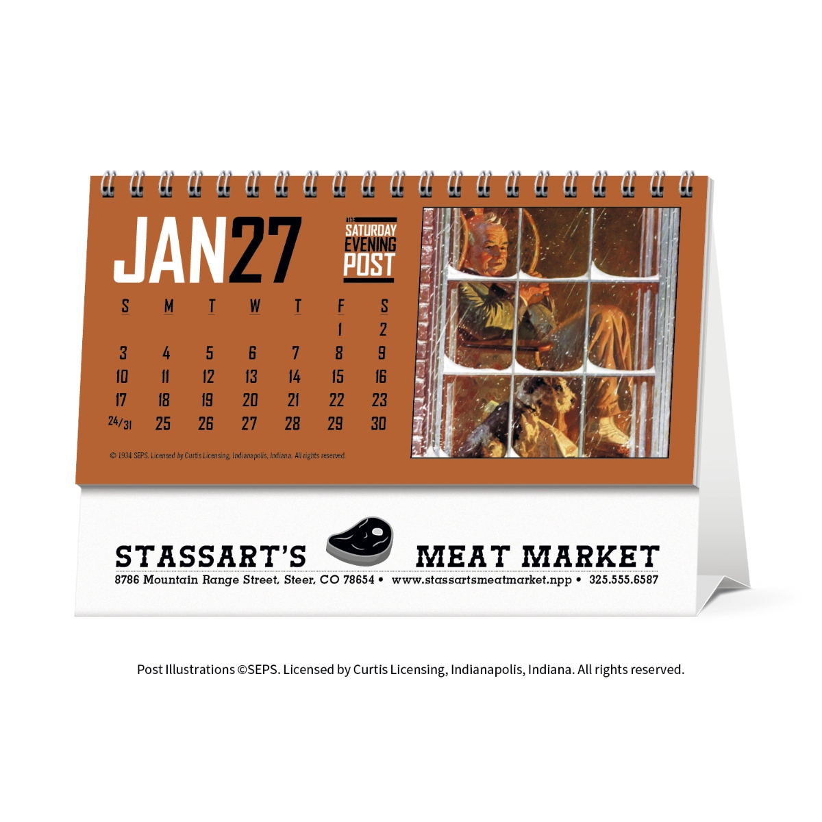 Classic Saturday Evening Post desk calendar featuring historic artwork and a double-sided tent mount design.