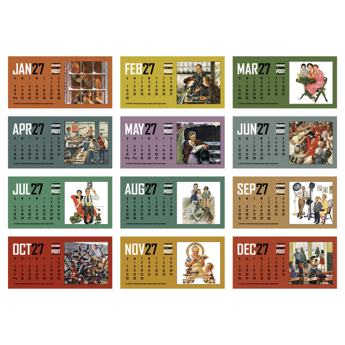 Classic Saturday Evening Post desk calendar featuring historic artwork and a double-sided tent mount design.