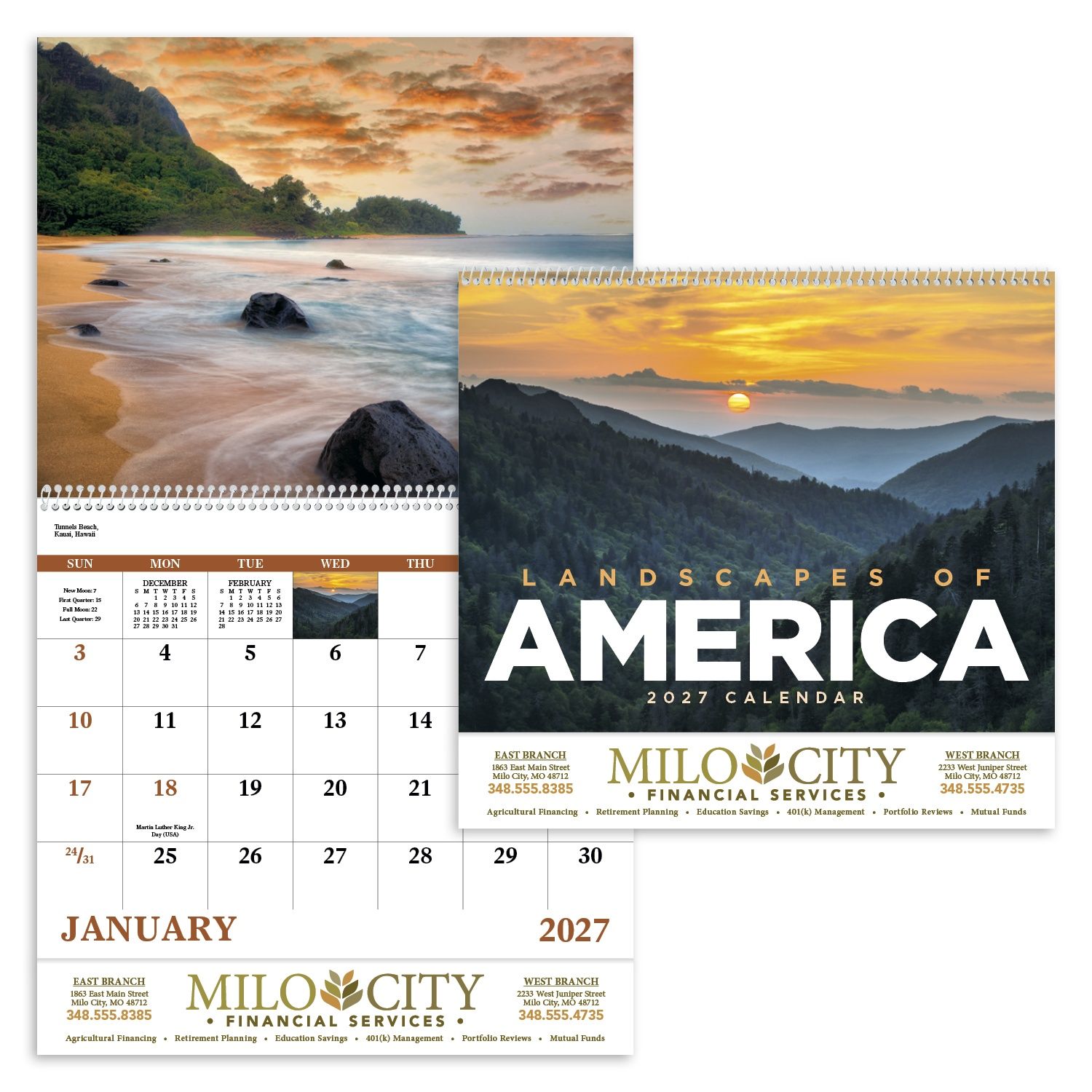 Spiral-bound wall calendar featuring stunning photographs of America's scenic landscapes with a glossy FSC®-certified paper cover.