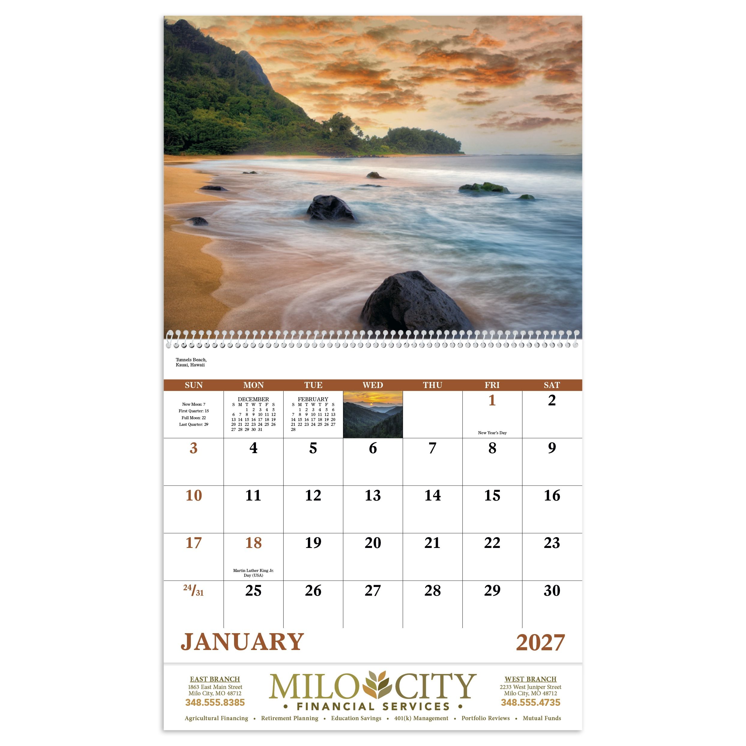 Spiral-bound wall calendar featuring stunning photographs of America's scenic landscapes with a glossy FSC®-certified paper cover.