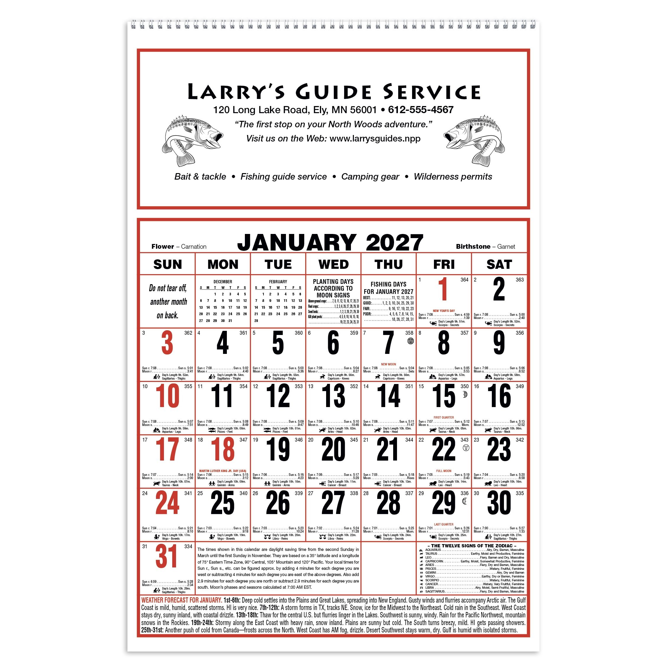 Large almanac wall calendar featuring weather information, sunrise and sunset times, planting guides, fishing days, and monthly reference charts printed on responsibly sourced SFI® certified paper.