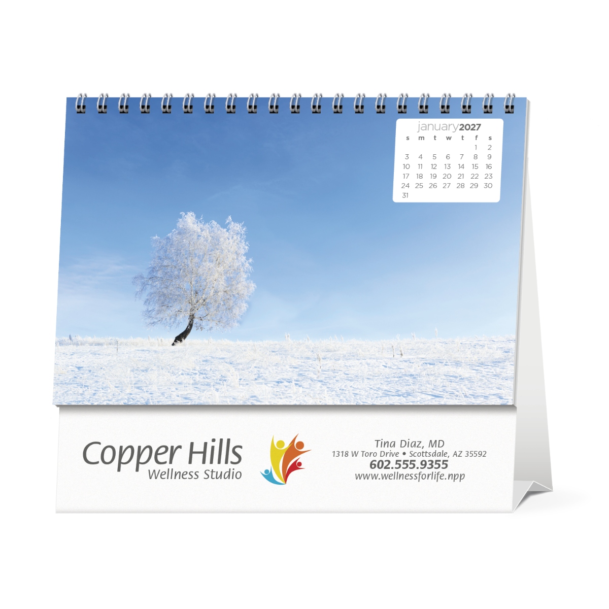 Elegant desk calendar with a compact tent mount design, perfect for home or office use.