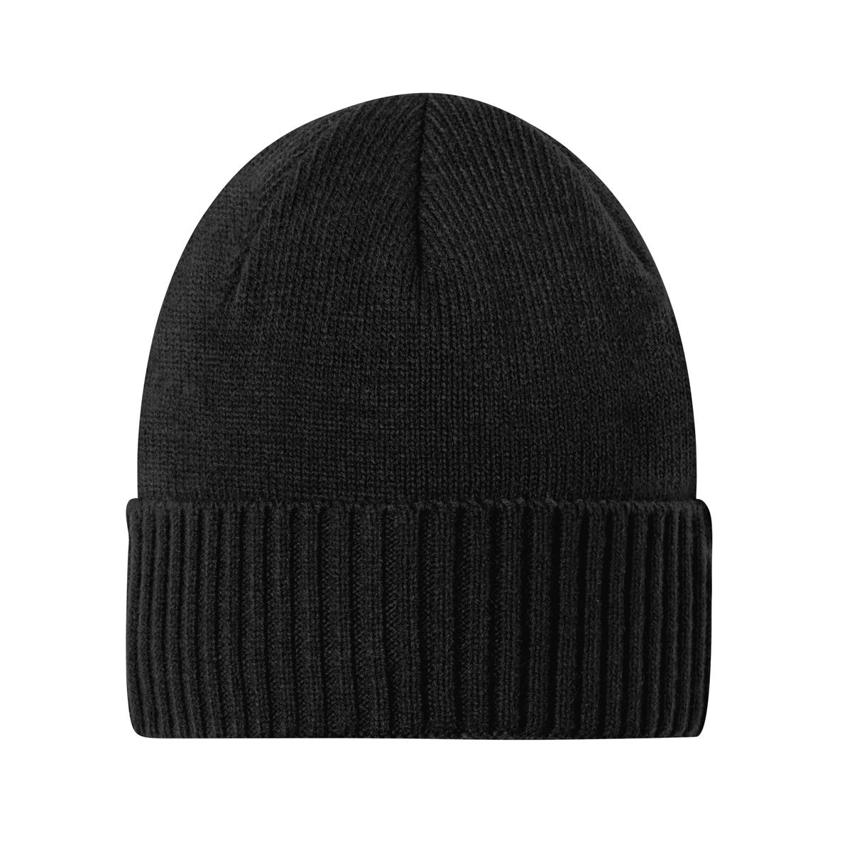 Black Rib-knit acrylic beanie with a close-fitting design for a sleek, polished look.