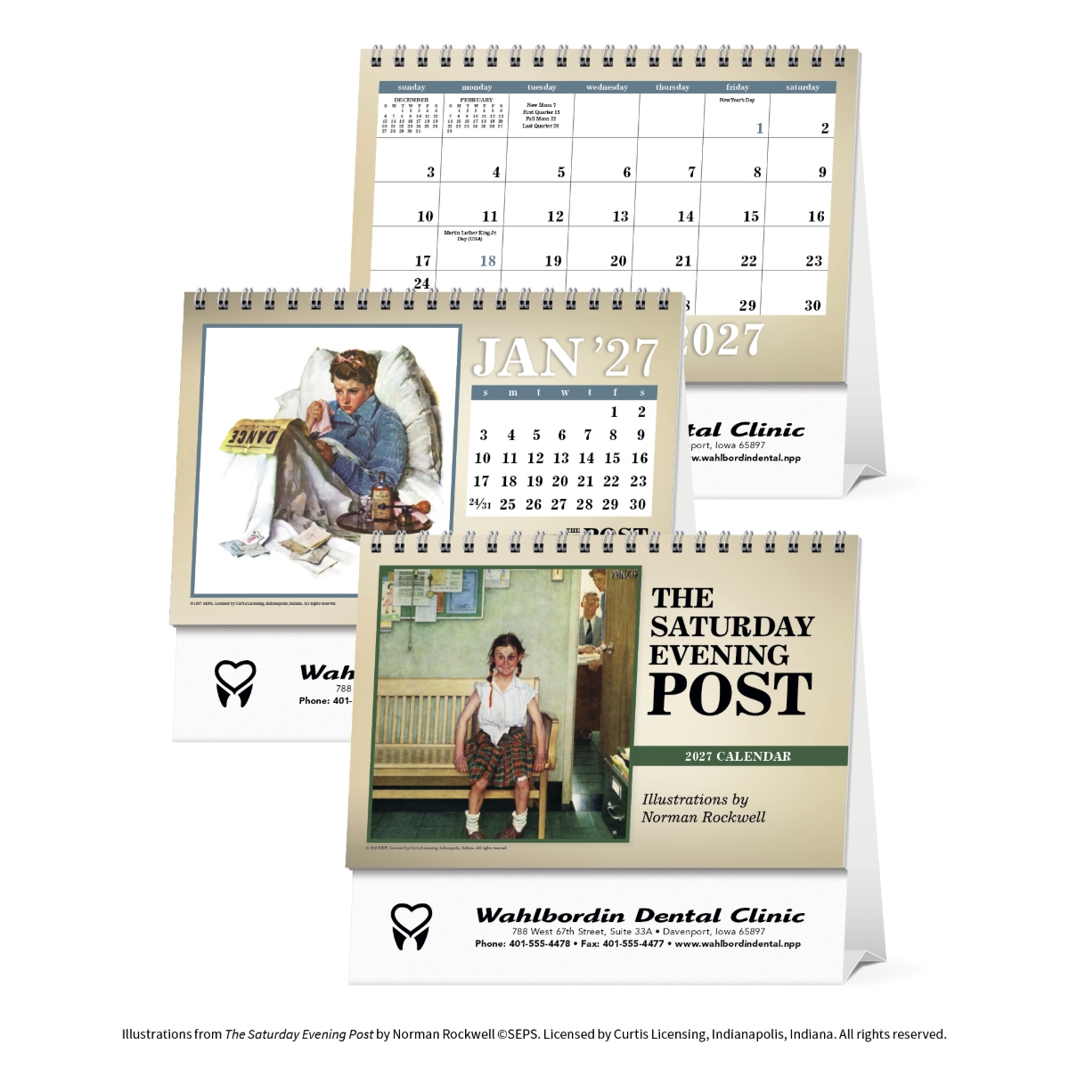 Norman Rockwell The Saturday Evening Post large desk calendar featuring classic American illustrations with a double-sided tent display, ideal for desks and assembled in the USA.