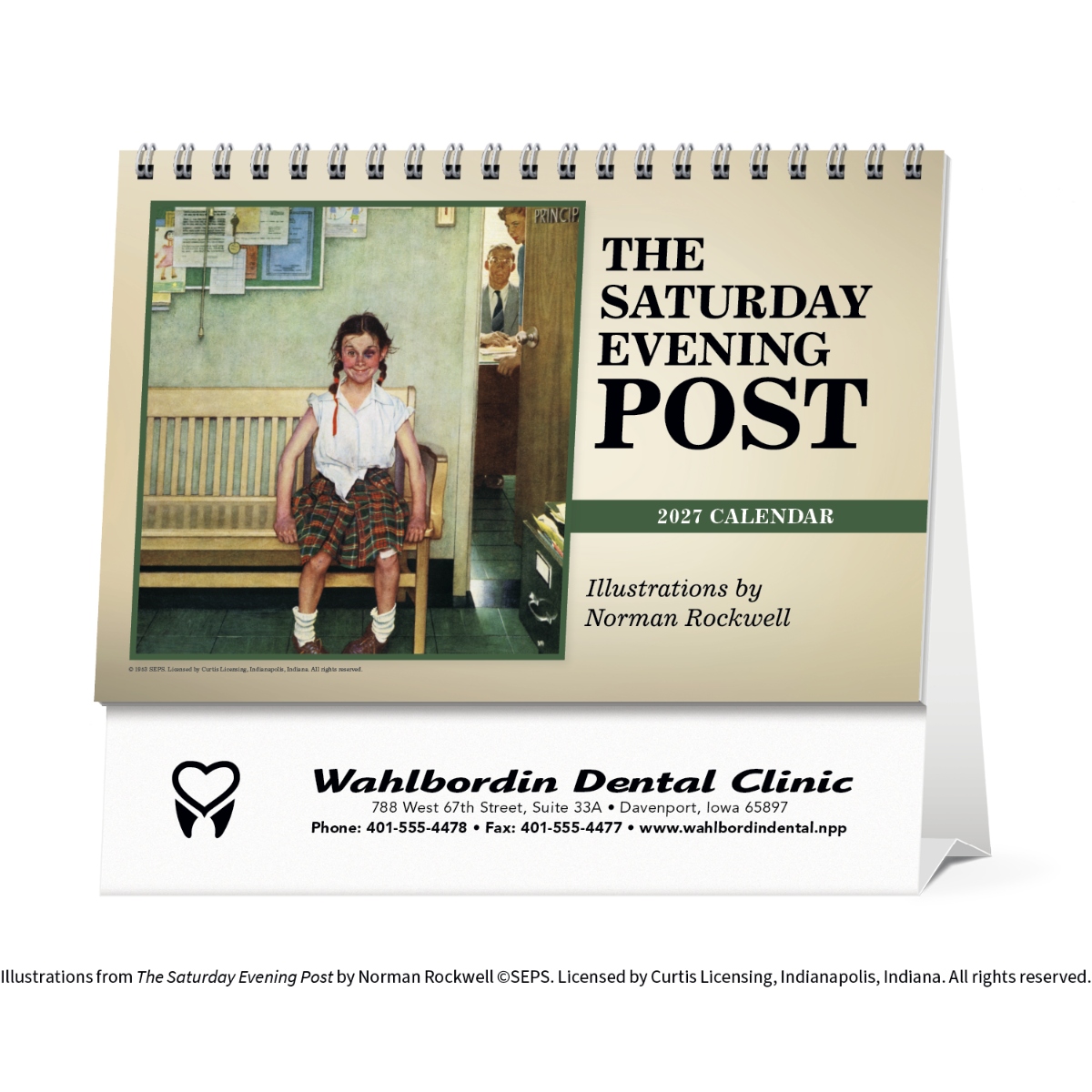 Norman Rockwell The Saturday Evening Post large desk calendar featuring classic American illustrations with a double-sided tent display, ideal for desks and assembled in the USA.