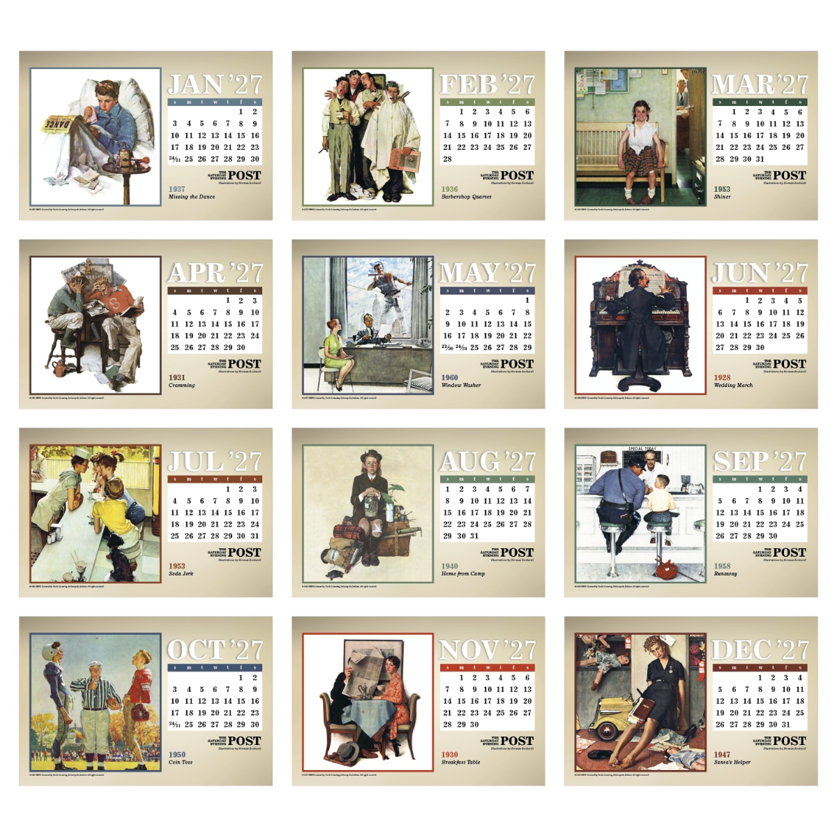 Norman Rockwell The Saturday Evening Post large desk calendar featuring classic American illustrations with a double-sided tent display, ideal for desks and assembled in the USA.