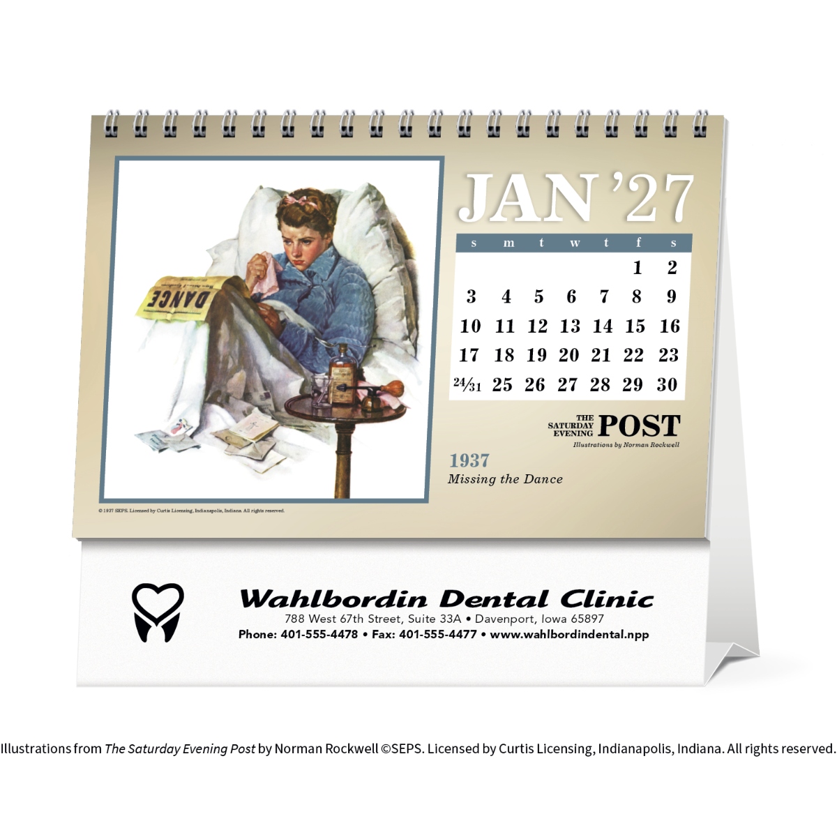 Norman Rockwell The Saturday Evening Post large desk calendar featuring classic American illustrations with a double-sided tent display, ideal for desks and assembled in the USA.