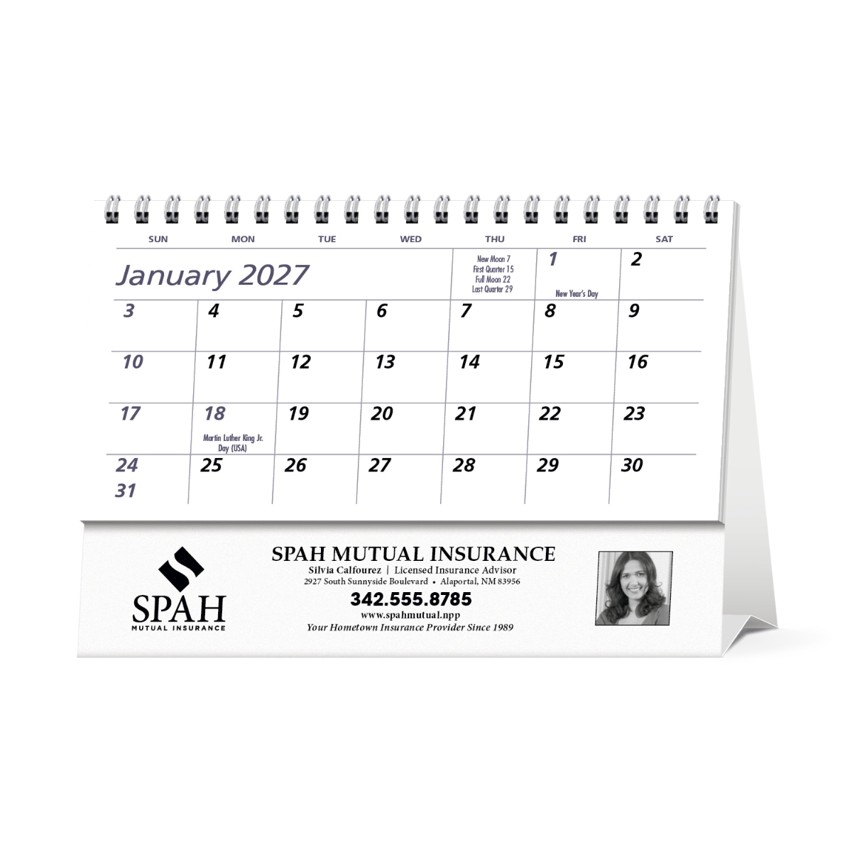 Promotional desk calendar with a double-sided tent mount, designed for year-round advertising and assembled in the USA.