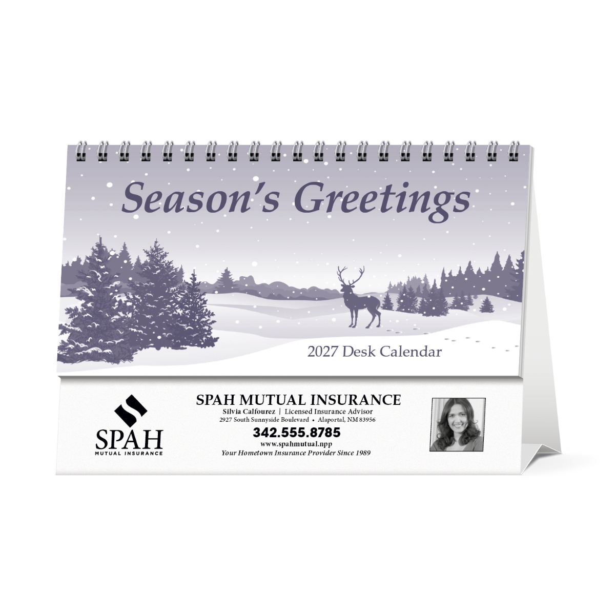 Promotional desk calendar with a double-sided tent mount, designed for year-round advertising and assembled in the USA.