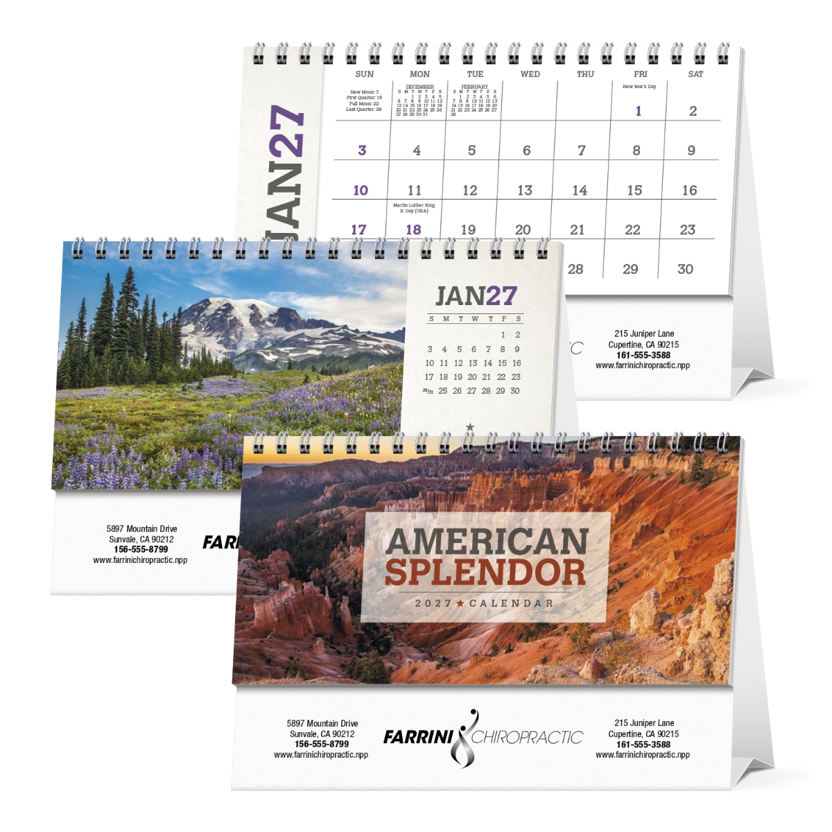 Compact desktop calendar featuring photographs of scenic locations across America with a double-sided tent mount, assembled in the USA.