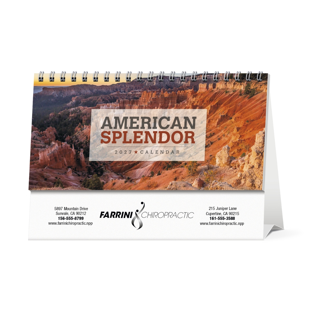 Compact desktop calendar featuring photographs of scenic locations across America with a double-sided tent mount, assembled in the USA.