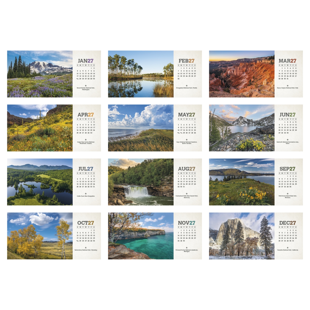 Compact desktop calendar featuring photographs of scenic locations across America with a double-sided tent mount, assembled in the USA.