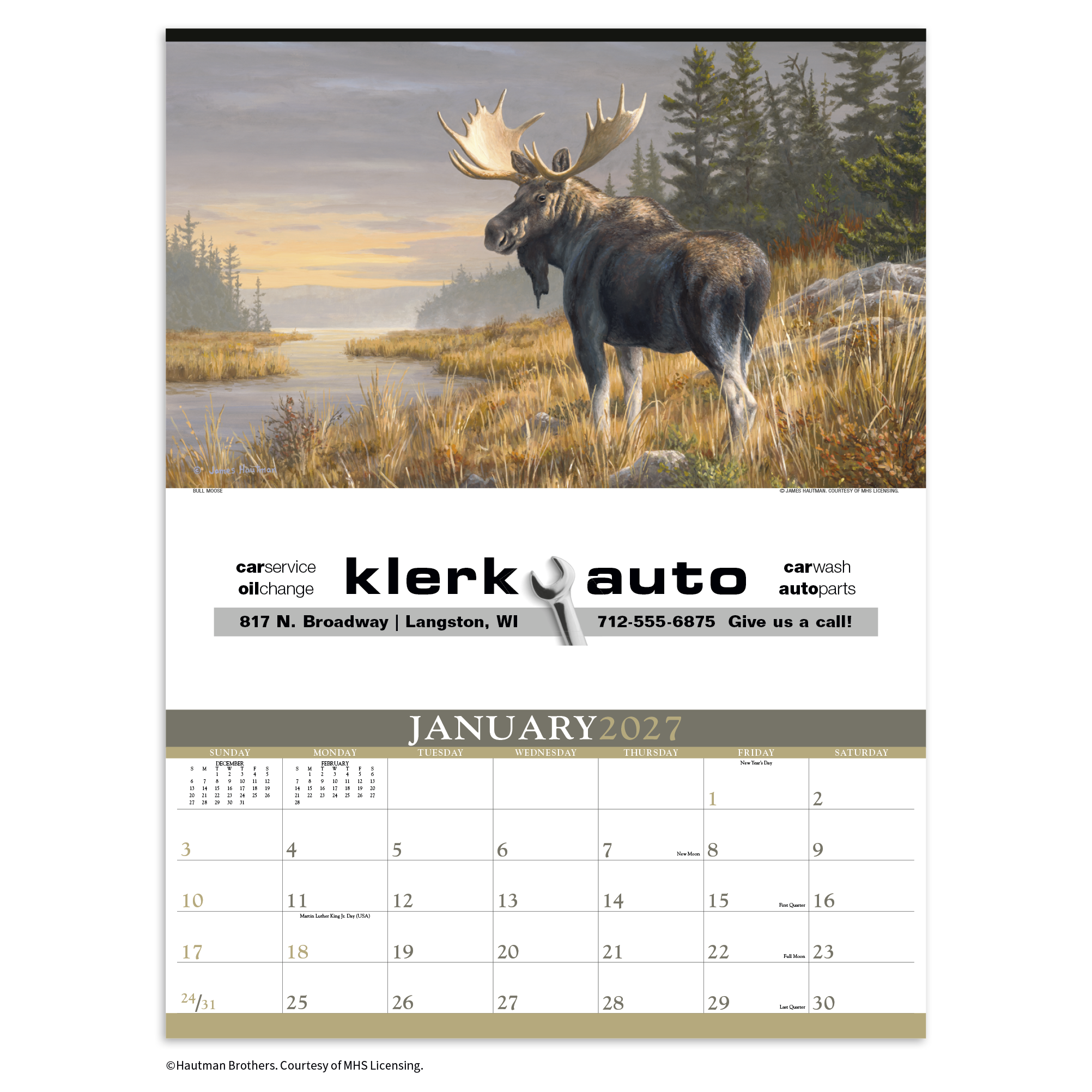 2027 wildlife wall calendar featuring detailed Hautman Brothers bird artwork printed on FSC®-certified matte paper with monthly calendar pages.
