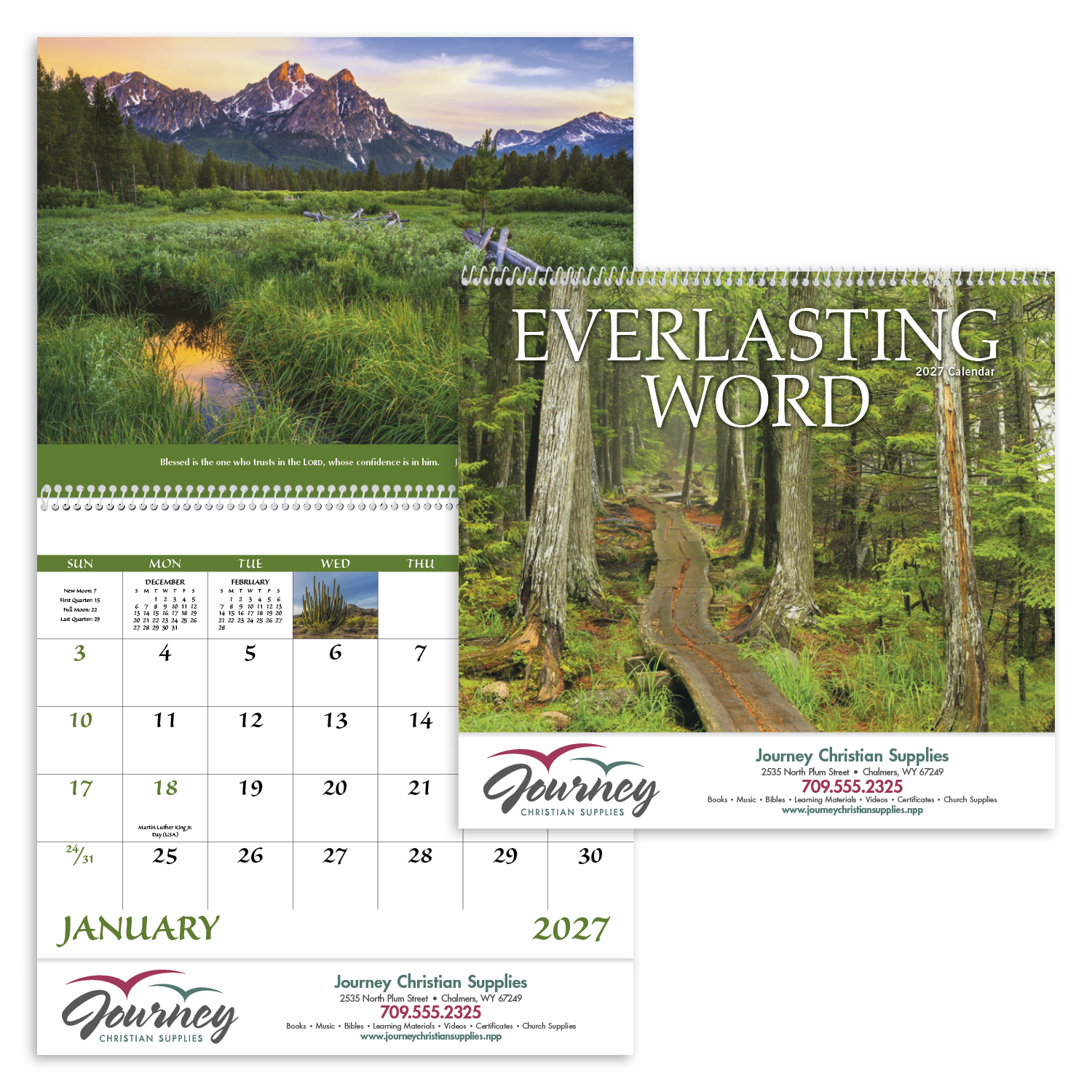 Everlasting Word Spiral Calendar featuring inspirational Christian artwork paired with scripture verses, glossy spiral-bound pages with spacious monthly appointment calendar grids, and a wall calendar design for churches, homes, offices, and year-round scheduling.