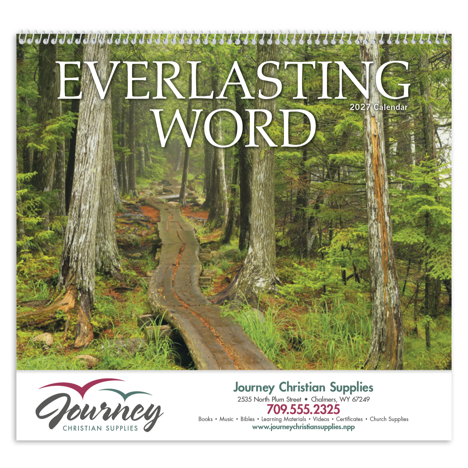 Everlasting Word Spiral Calendar featuring inspirational Christian artwork paired with scripture verses, glossy spiral-bound pages with spacious monthly appointment calendar grids, and a wall calendar design for churches, homes, offices, and year-round scheduling.