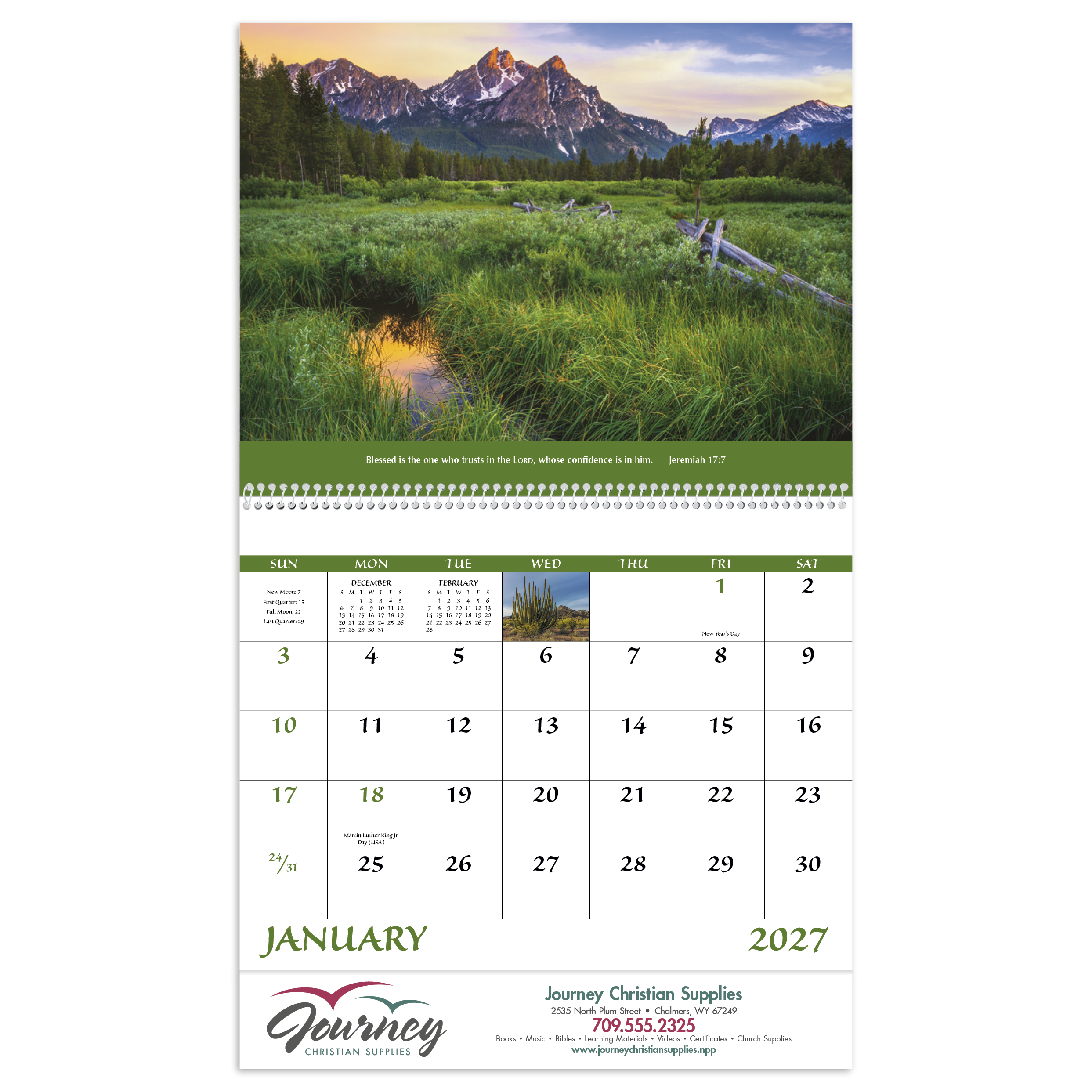 Everlasting Word Spiral Calendar featuring inspirational Christian artwork paired with scripture verses, glossy spiral-bound pages with spacious monthly appointment calendar grids, and a wall calendar design for churches, homes, offices, and year-round scheduling.