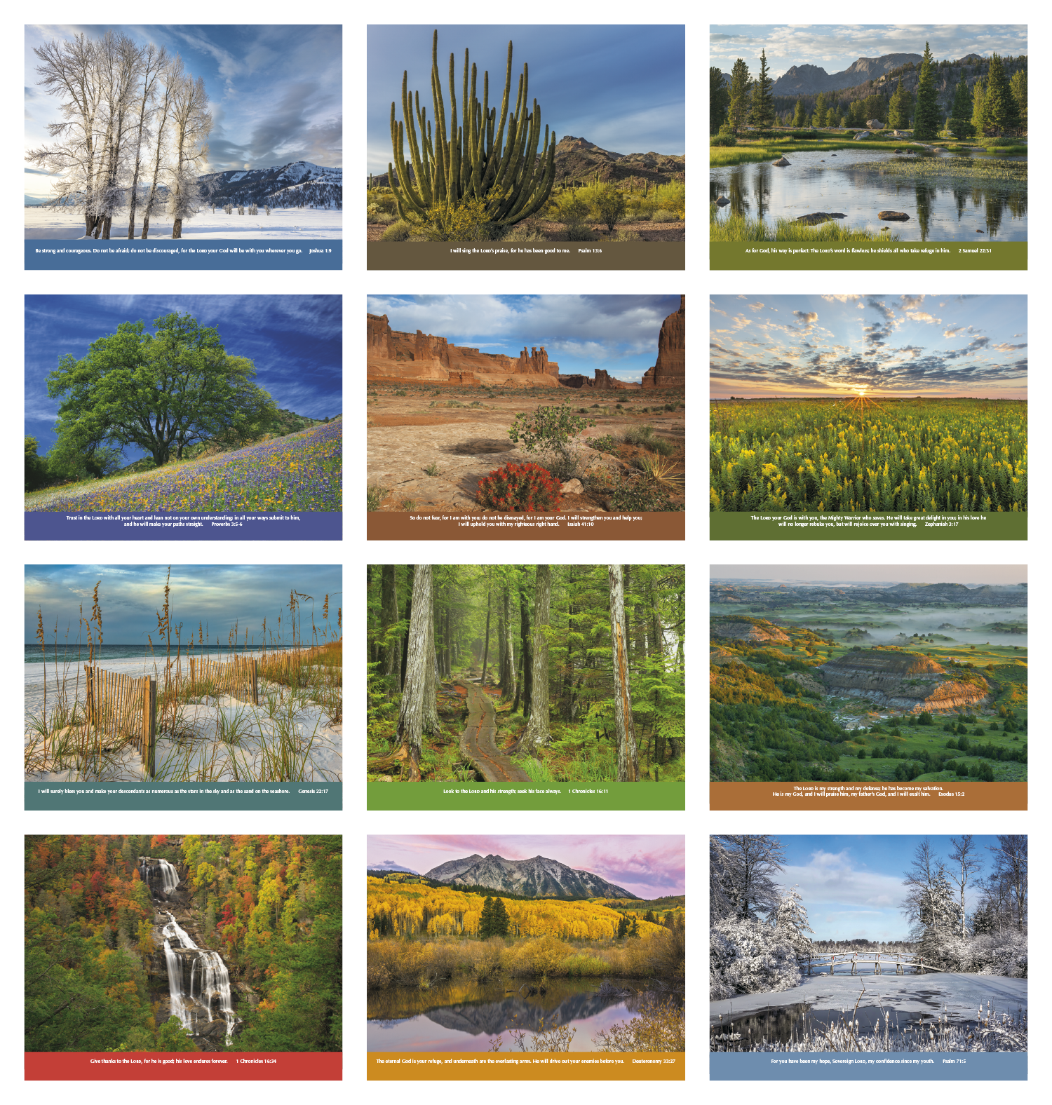 Everlasting Word Spiral Calendar featuring inspirational Christian artwork paired with scripture verses, glossy spiral-bound pages with spacious monthly appointment calendar grids, and a wall calendar design for churches, homes, offices, and year-round scheduling.