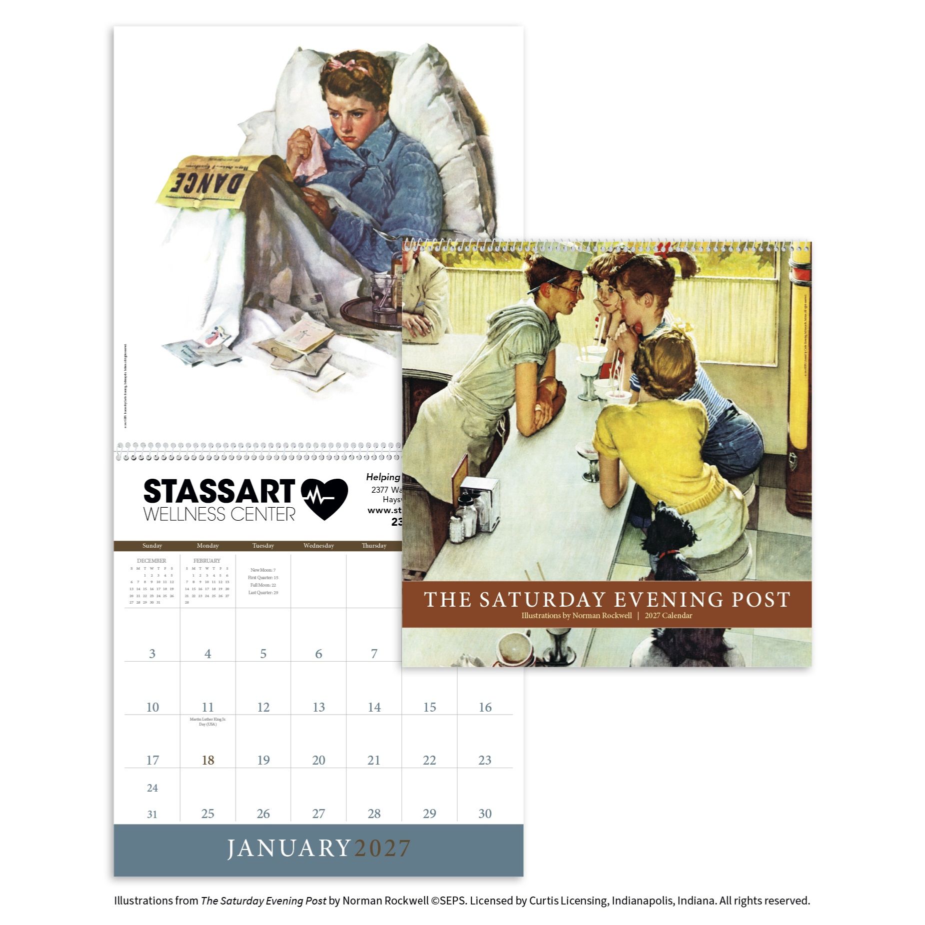 2027 wall calendar featuring classic Norman Rockwell illustrations from The Saturday Evening Post printed on FSC®-certified matte paper with monthly calendar pages.