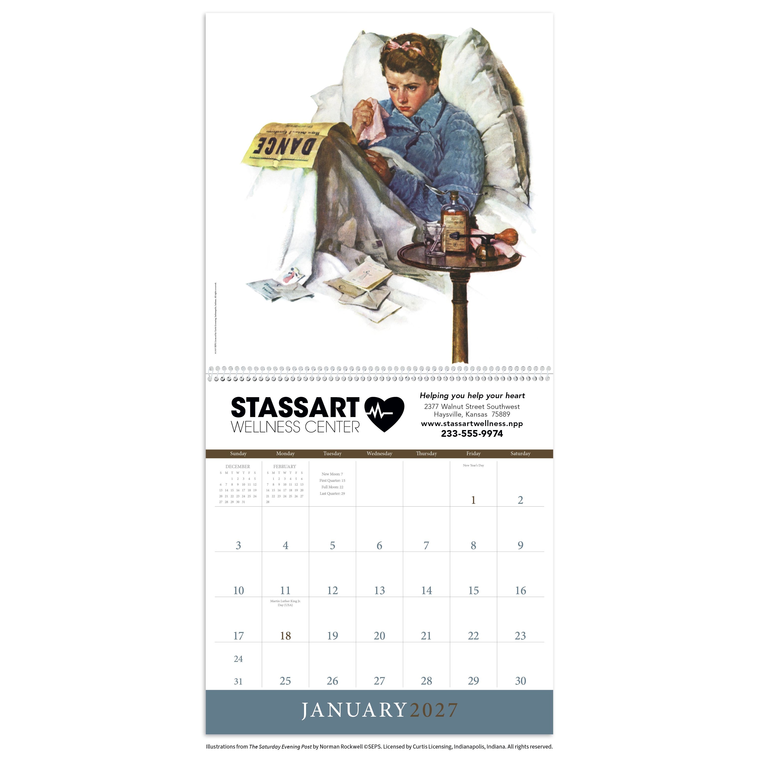 2027 wall calendar featuring classic Norman Rockwell illustrations from The Saturday Evening Post printed on FSC®-certified matte paper with monthly calendar pages.
