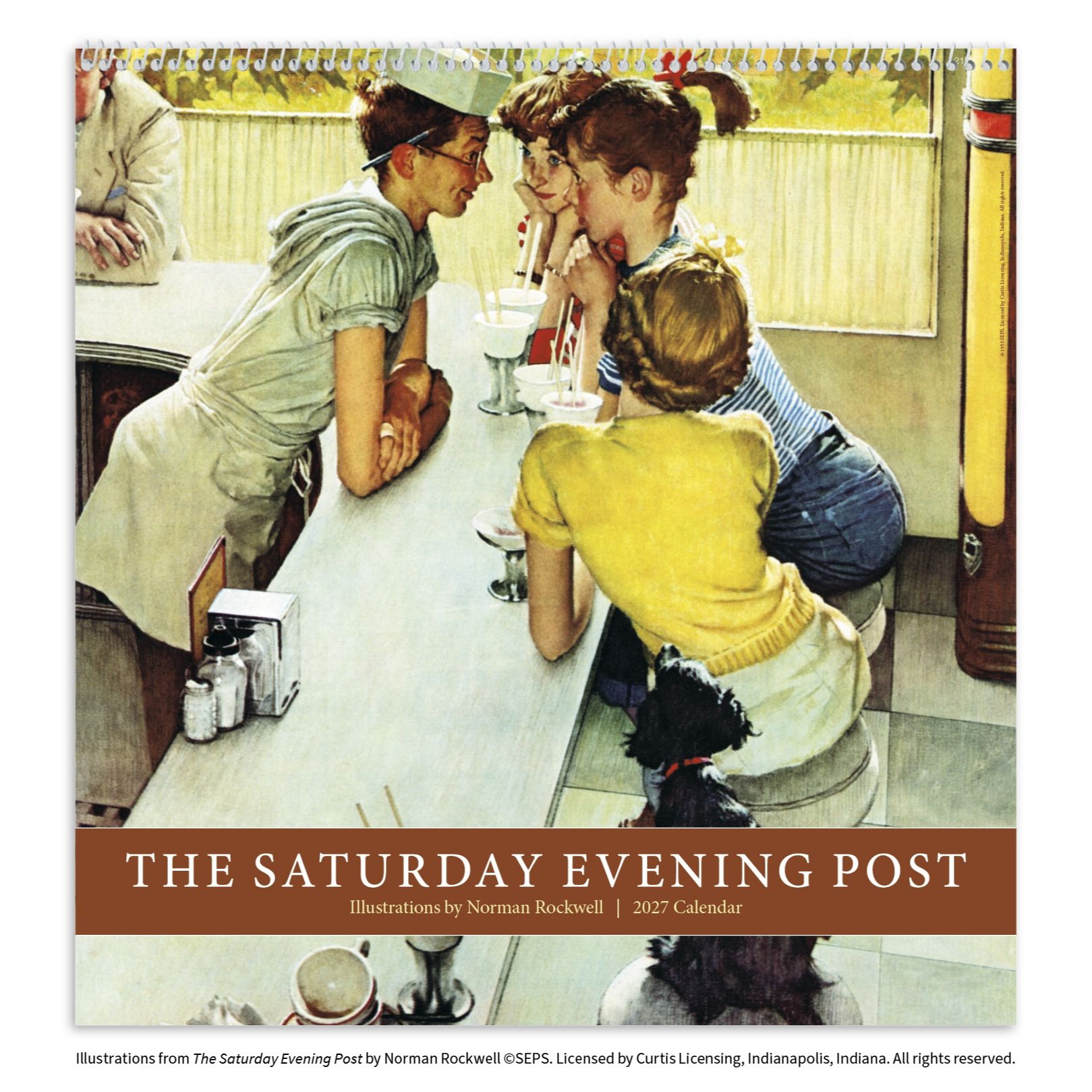2027 wall calendar featuring classic Norman Rockwell illustrations from The Saturday Evening Post printed on FSC®-certified matte paper with monthly calendar pages.