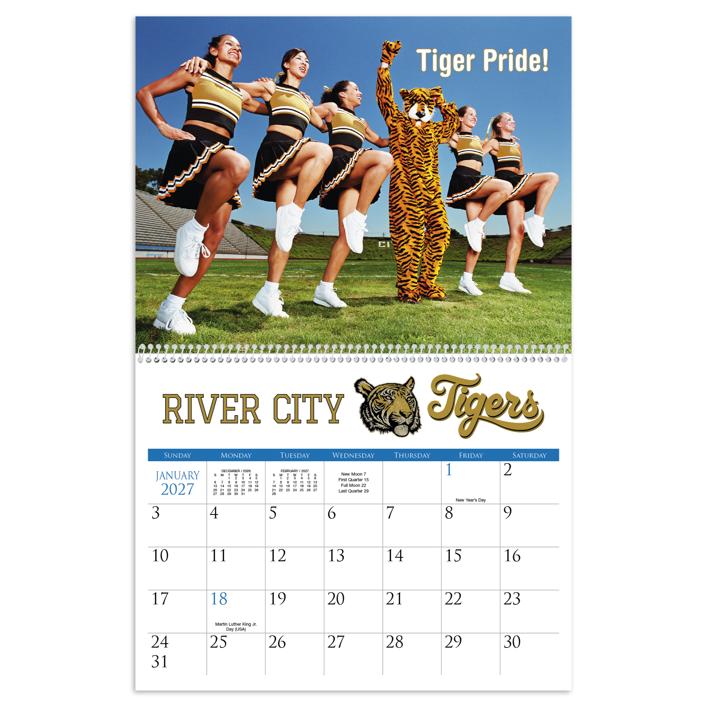 2027 spiral-bound custom appointment calendar featuring a personalized full-color cover and monthly images printed on FSC®-certified paper.