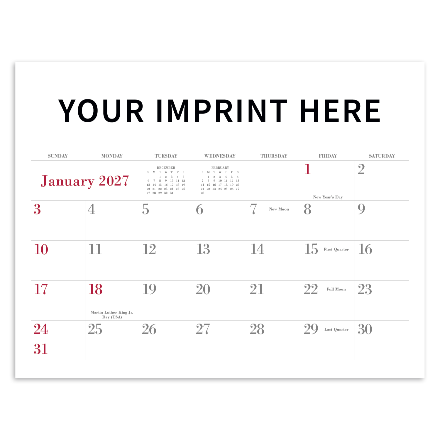2027 spiral-bound custom appointment calendar featuring a personalized full-color cover and monthly images printed on FSC®-certified paper.