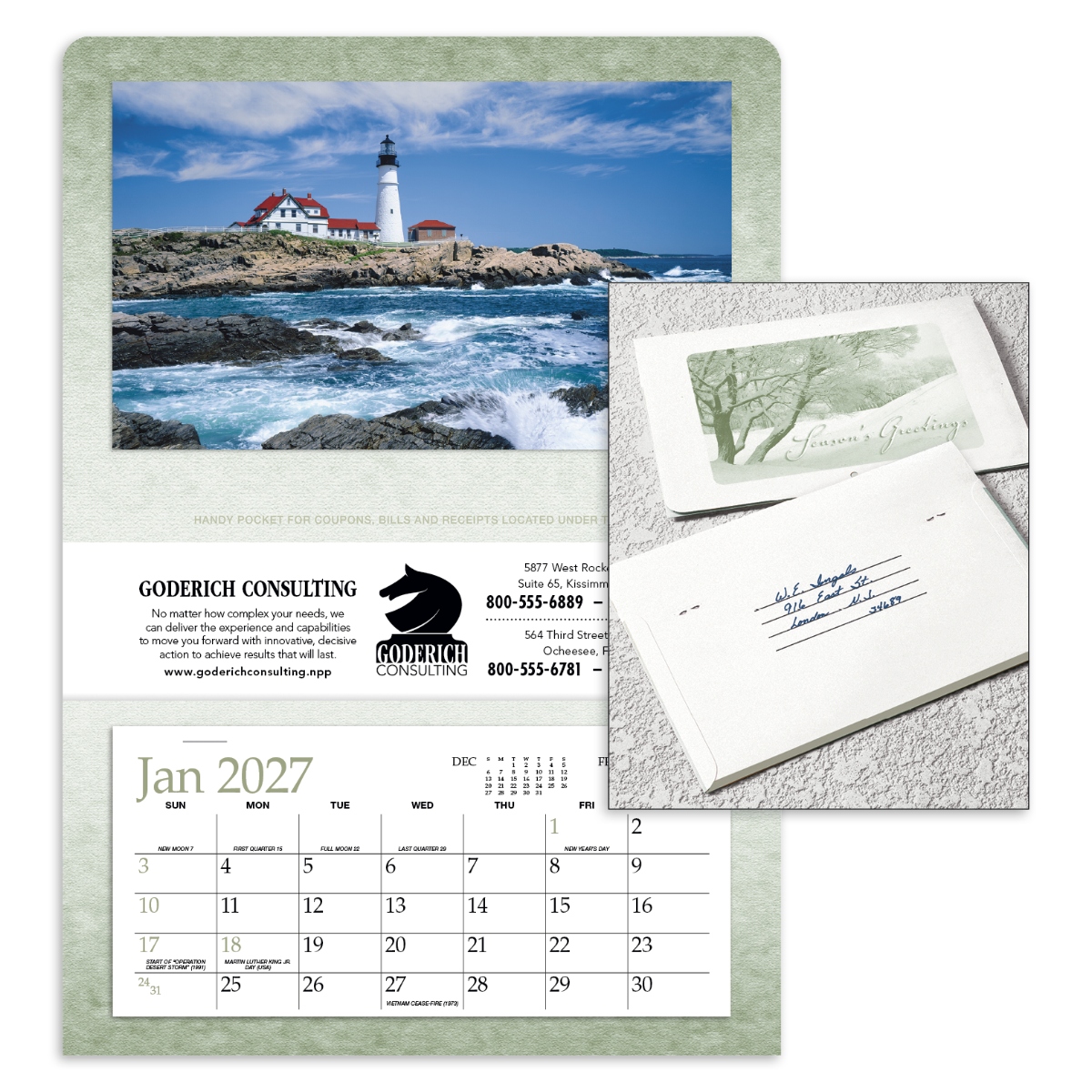 Versatile foldable calendar with a single storage pocket, “Season’s Greetings” cover, and self-mailer design, assembled in the USA.