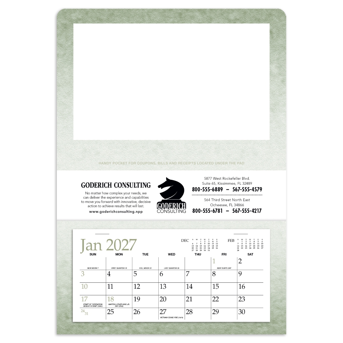 Versatile foldable calendar with a single storage pocket, “Season’s Greetings” cover, and self-mailer design, assembled in the USA.