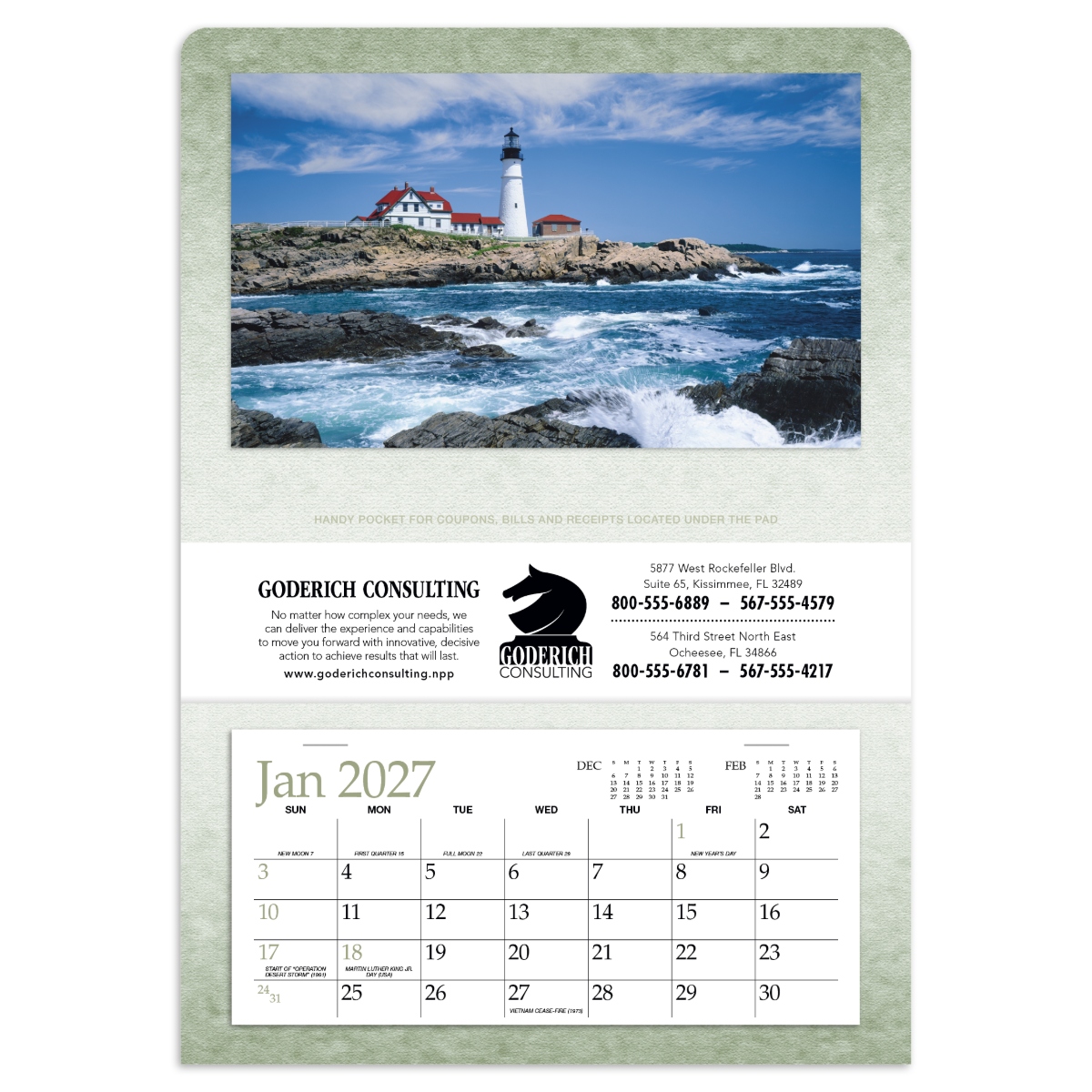 Versatile foldable calendar with a single storage pocket, “Season’s Greetings” cover, and self-mailer design, assembled in the USA.
